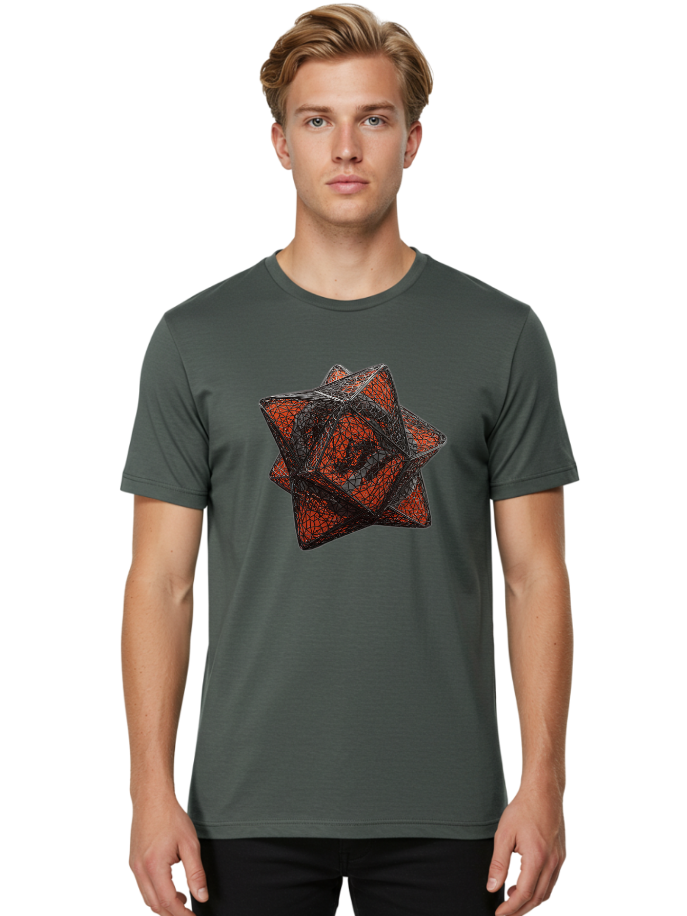 Wireframe-Star Men'S Graphic Tee, 100% Cotton, Comfortable Casual Summer Wear, Machine Washable, Geometric Star Shape, Complex 3D Structure, Red And Black Geometric Pattern, Intricate Angular Design, Polygon Mesh Art Bad917 24