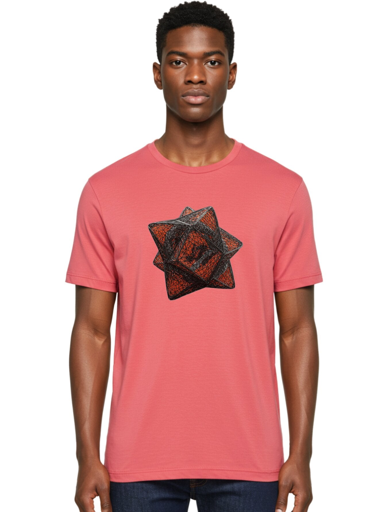Wireframe-Star Men'S Graphic Tee, 100% Cotton, Comfortable Casual Summer Wear, Machine Washable, Geometric Star Shape, Complex 3D Structure, Red And Black Geometric Pattern, Intricate Angular Design, Polygon Mesh Art Bad917 16