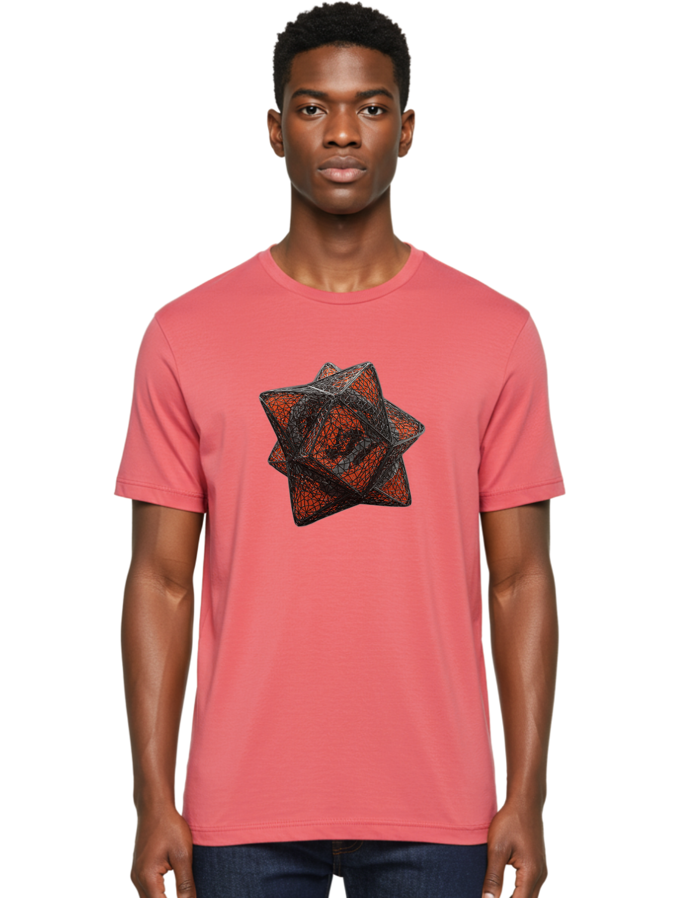 Wireframe-Star Men'S Graphic Tee, 100% Cotton, Comfortable Casual Summer Wear, Machine Washable, Geometric Star Shape, Complex 3D Structure, Red And Black Geometric Pattern, Intricate Angular Design, Polygon Mesh Art Bad917 28