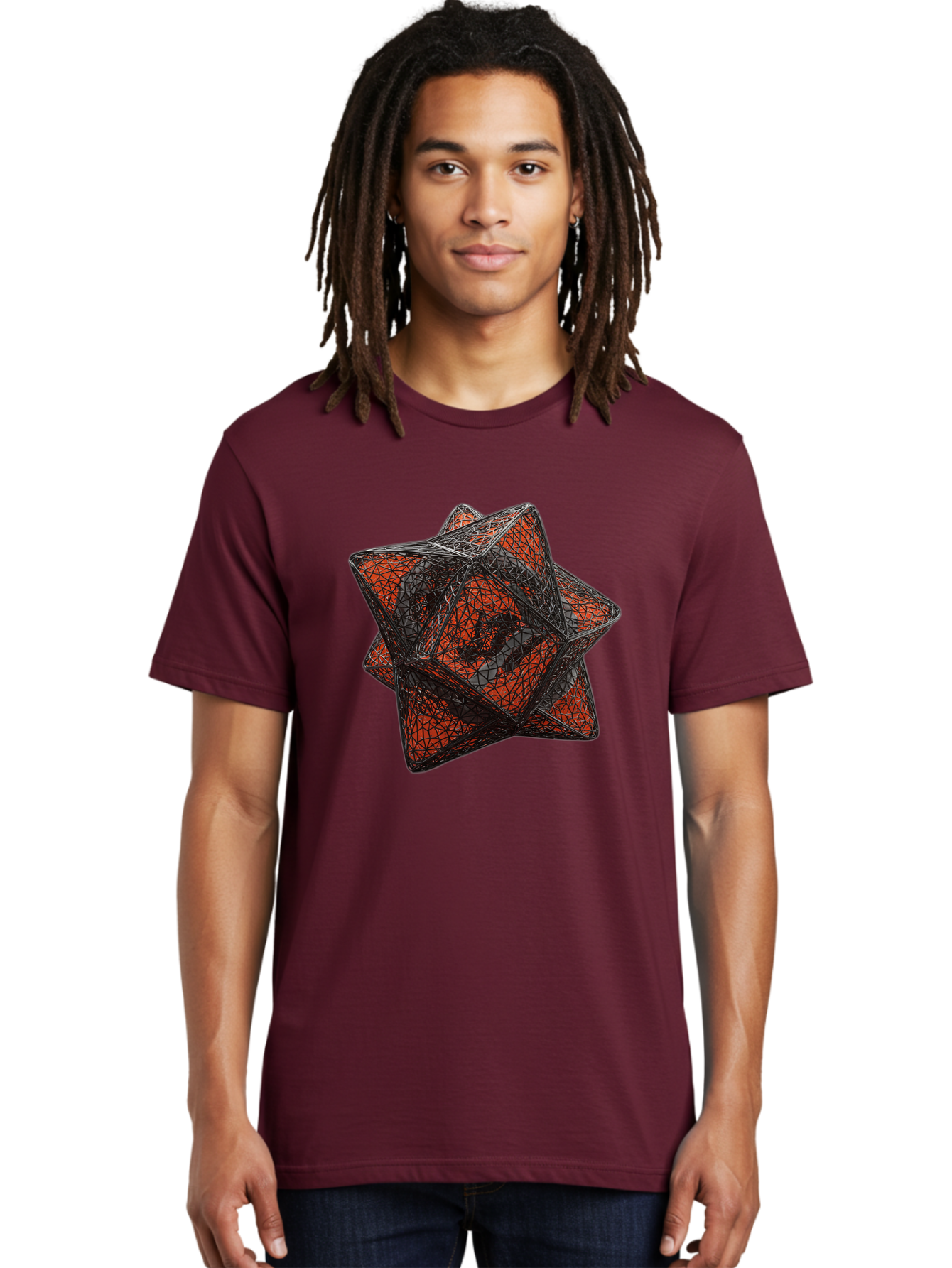 Wireframe-Star Men'S Graphic Tee, 100% Cotton, Comfortable Casual Summer Wear, Machine Washable, Geometric Star Shape, Complex 3D Structure, Red And Black Geometric Pattern, Intricate Angular Design, Polygon Mesh Art Bad917 16