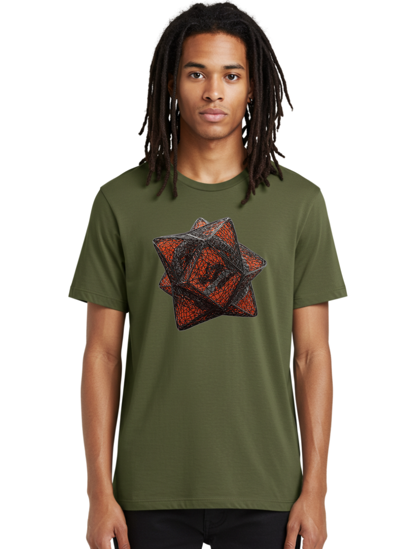 Wireframe-Star Men'S Graphic Tee, 100% Cotton, Comfortable Casual Summer Wear, Machine Washable, Geometric Star Shape, Complex 3D Structure, Red And Black Geometric Pattern, Intricate Angular Design, Polygon Mesh Art Bad917 17
