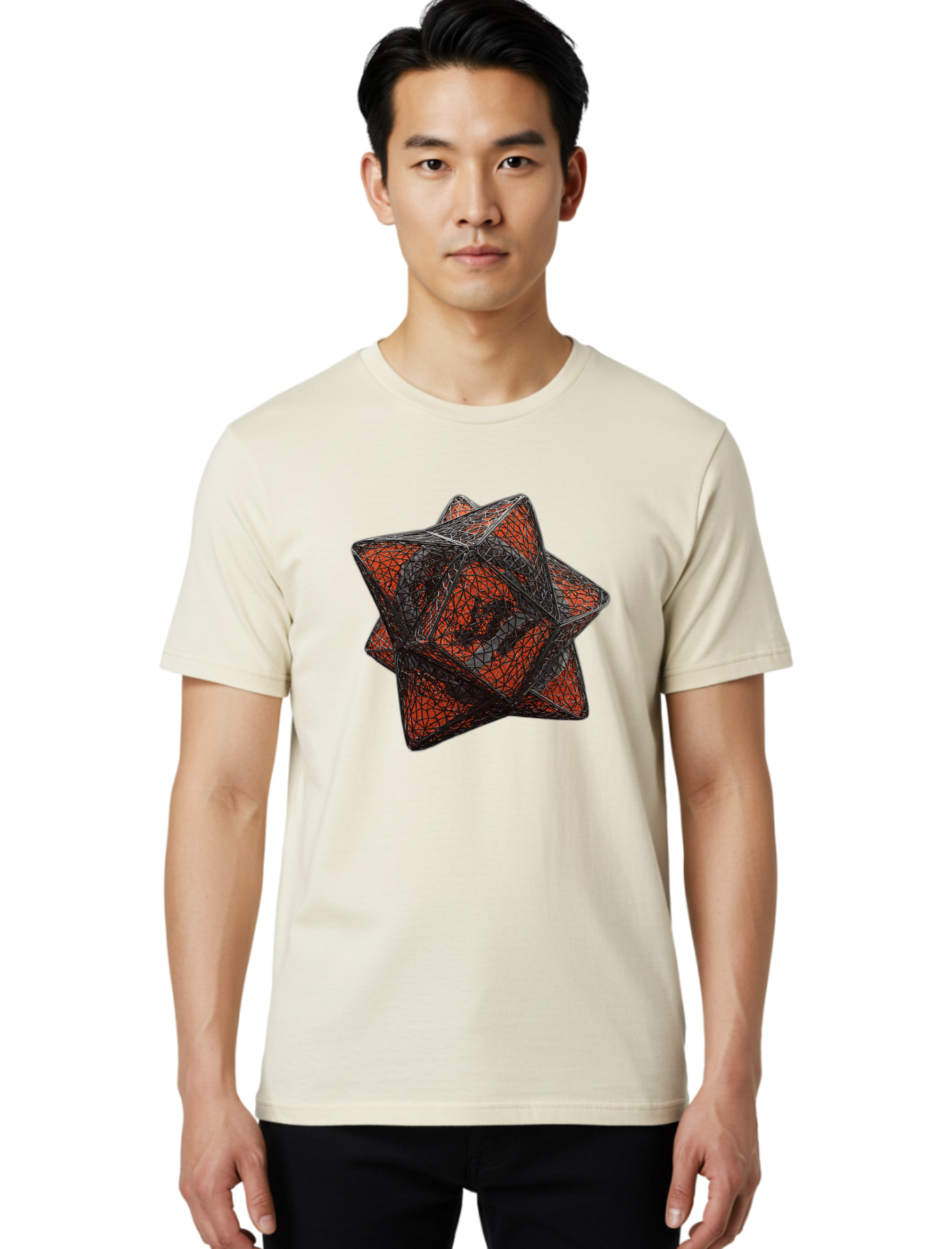 Wireframe-Star Men'S Graphic Tee, 100% Cotton, Comfortable Casual Summer Wear, Machine Washable, Geometric Star Shape, Complex 3D Structure, Red And Black Geometric Pattern, Intricate Angular Design, Polygon Mesh Art Bad917 23