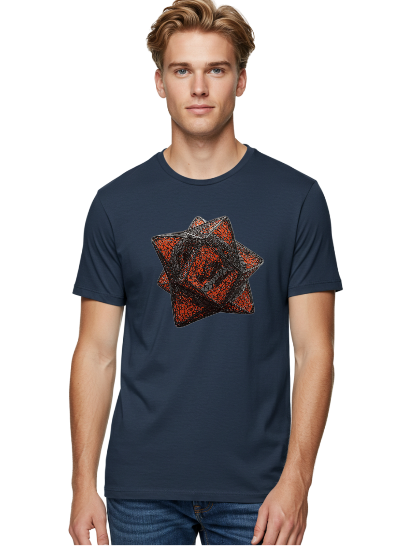Wireframe-Star Men'S Graphic Tee, 100% Cotton, Comfortable Casual Summer Wear, Machine Washable, Geometric Star Shape, Complex 3D Structure, Red And Black Geometric Pattern, Intricate Angular Design, Polygon Mesh Art Bad917 19
