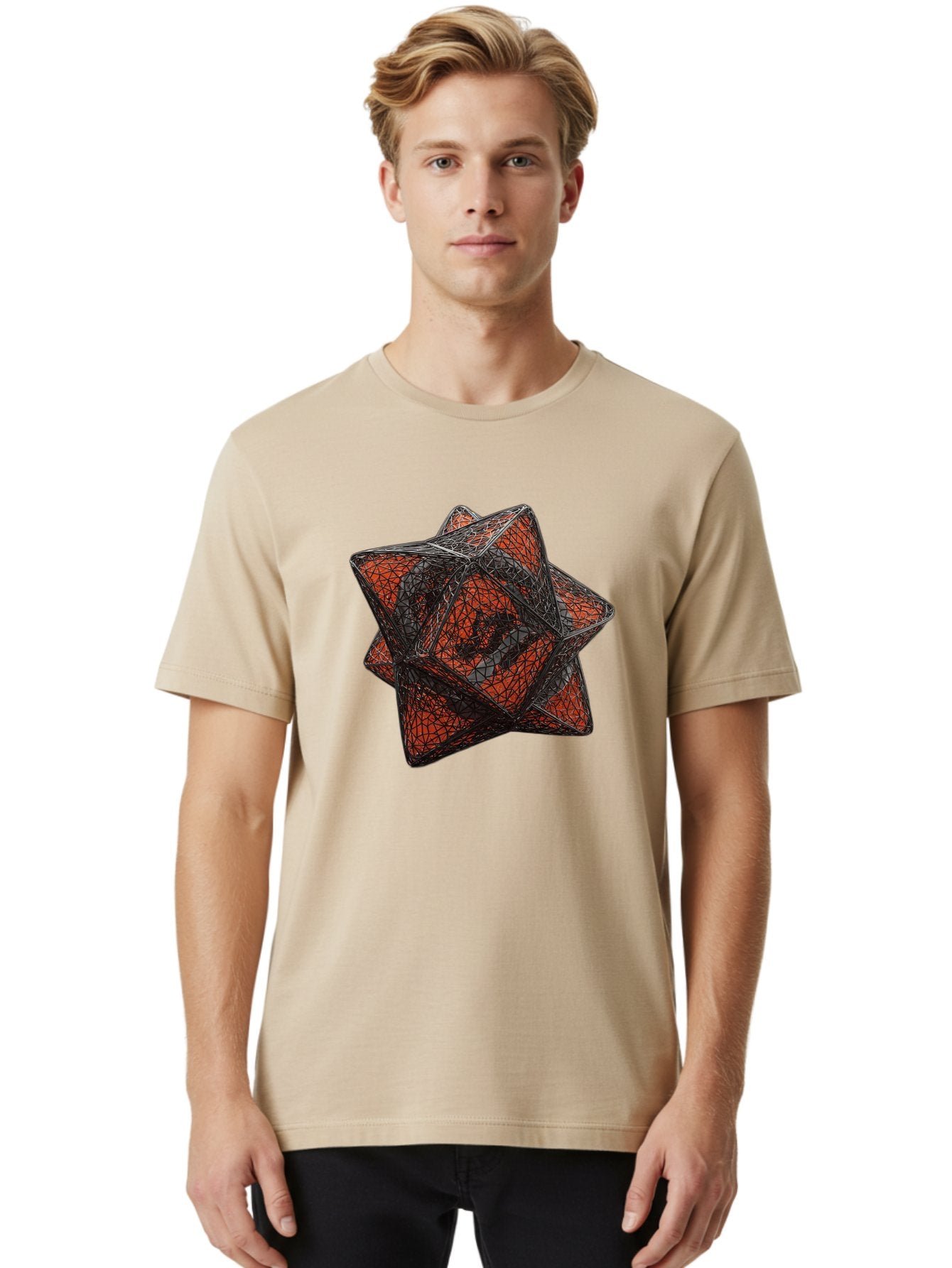 Wireframe-Star Men'S Graphic Tee, 100% Cotton, Comfortable Casual Summer Wear, Machine Washable, Geometric Star Shape, Complex 3D Structure, Red And Black Geometric Pattern, Intricate Angular Design, Polygon Mesh Art Bad917 17