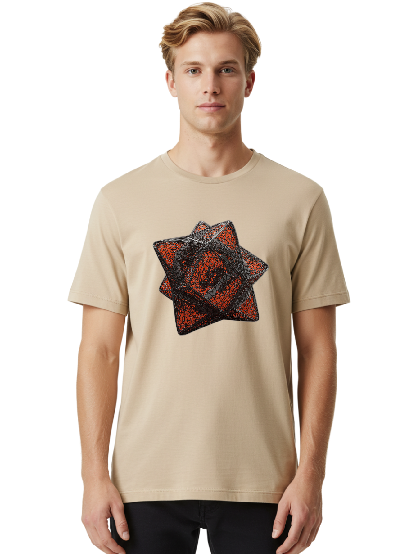 Wireframe-Star Men'S Graphic Tee, 100% Cotton, Comfortable Casual Summer Wear, Machine Washable, Geometric Star Shape, Complex 3D Structure, Red And Black Geometric Pattern, Intricate Angular Design, Polygon Mesh Art Bad917 29