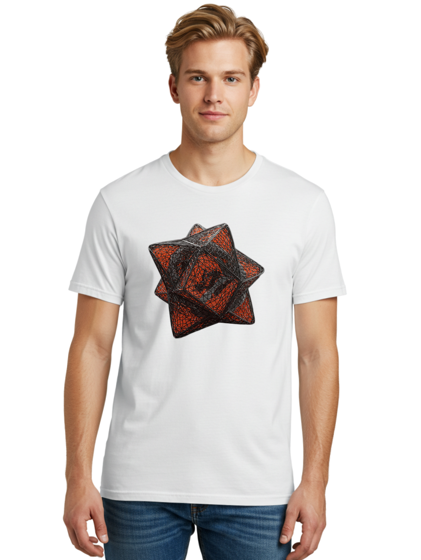 Wireframe-Star Men'S Graphic Tee, 100% Cotton, Comfortable Casual Summer Wear, Machine Washable, Geometric Star Shape, Complex 3D Structure, Red And Black Geometric Pattern, Intricate Angular Design, Polygon Mesh Art Bad917 30