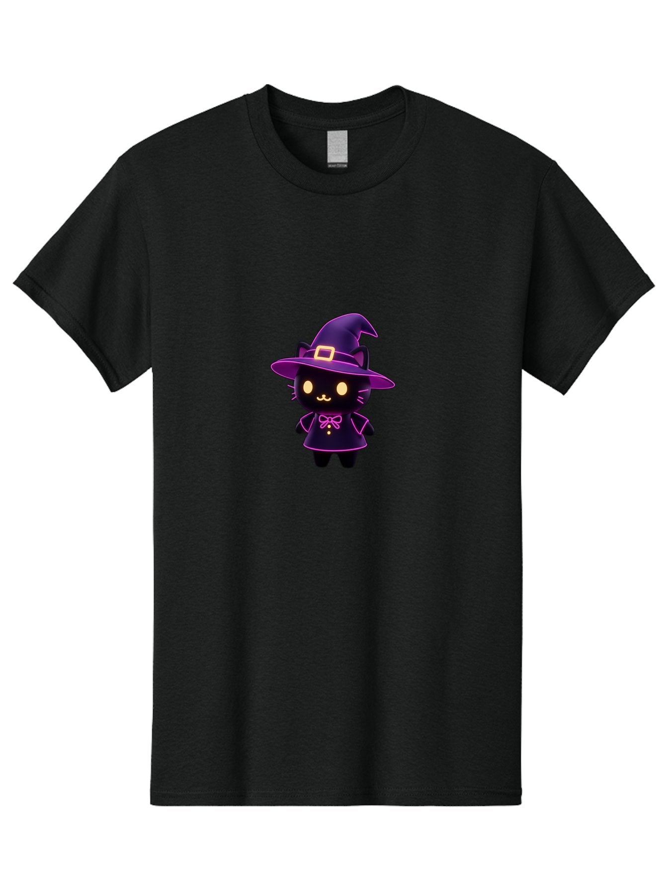 Witch-Cat Men'S Graphic Tee, 100% Cotton, Comfortable Casual Summer Wear, Machine Washable, Cartoon Black Cat, Witch Costume, Purple Hat, Gold Buckle, Pink Bow, Cute Design, Kawaii Style, Halloween Theme, Adorable Cat Character Bad918