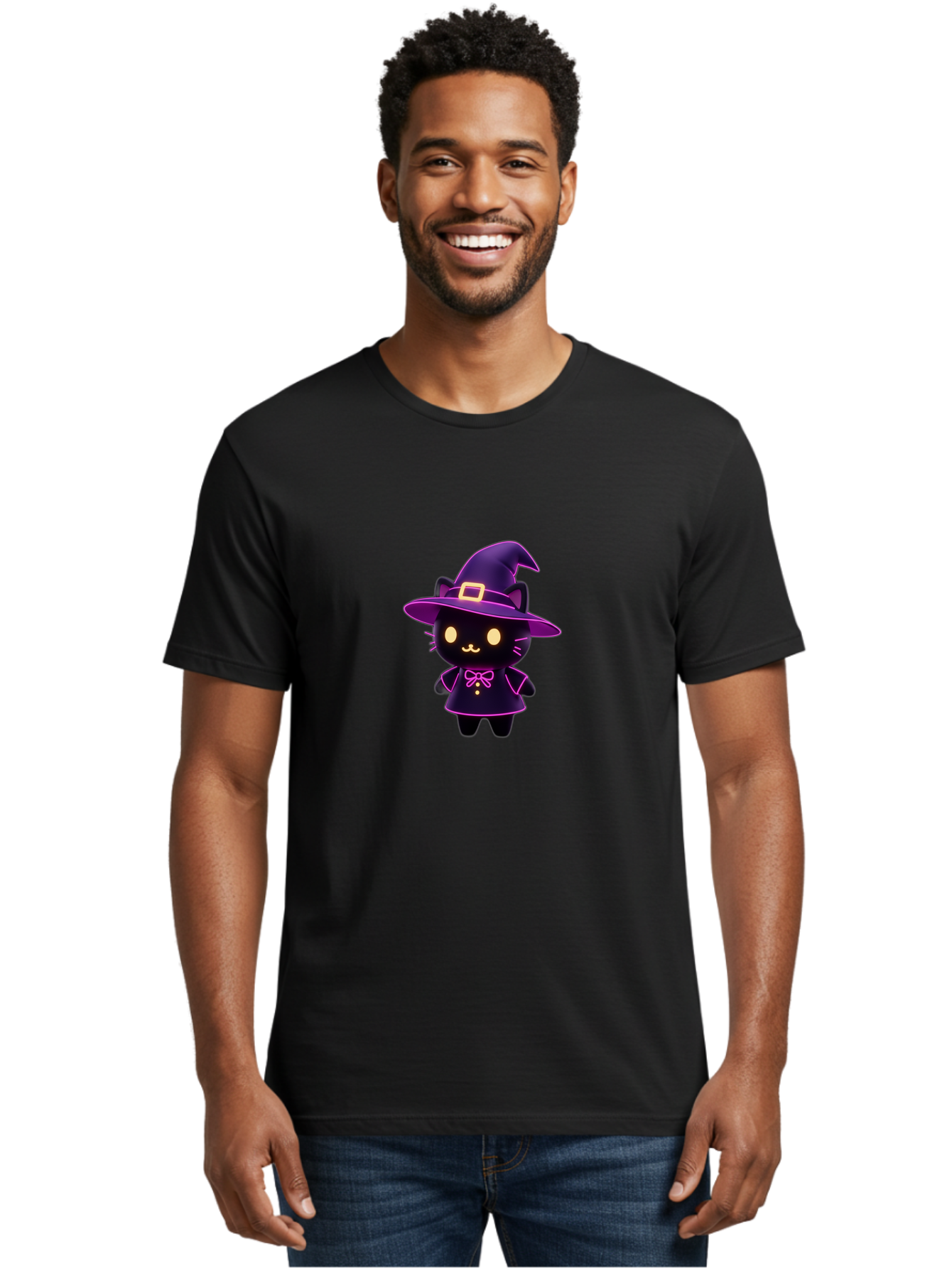 Witch-Cat Men'S Graphic Tee, 100% Cotton, Comfortable Casual Summer Wear, Machine Washable, Cartoon Black Cat, Witch Costume, Purple Hat, Gold Buckle, Pink Bow, Cute Design, Kawaii Style, Halloween Theme, Adorable Cat Character Bad918 26
