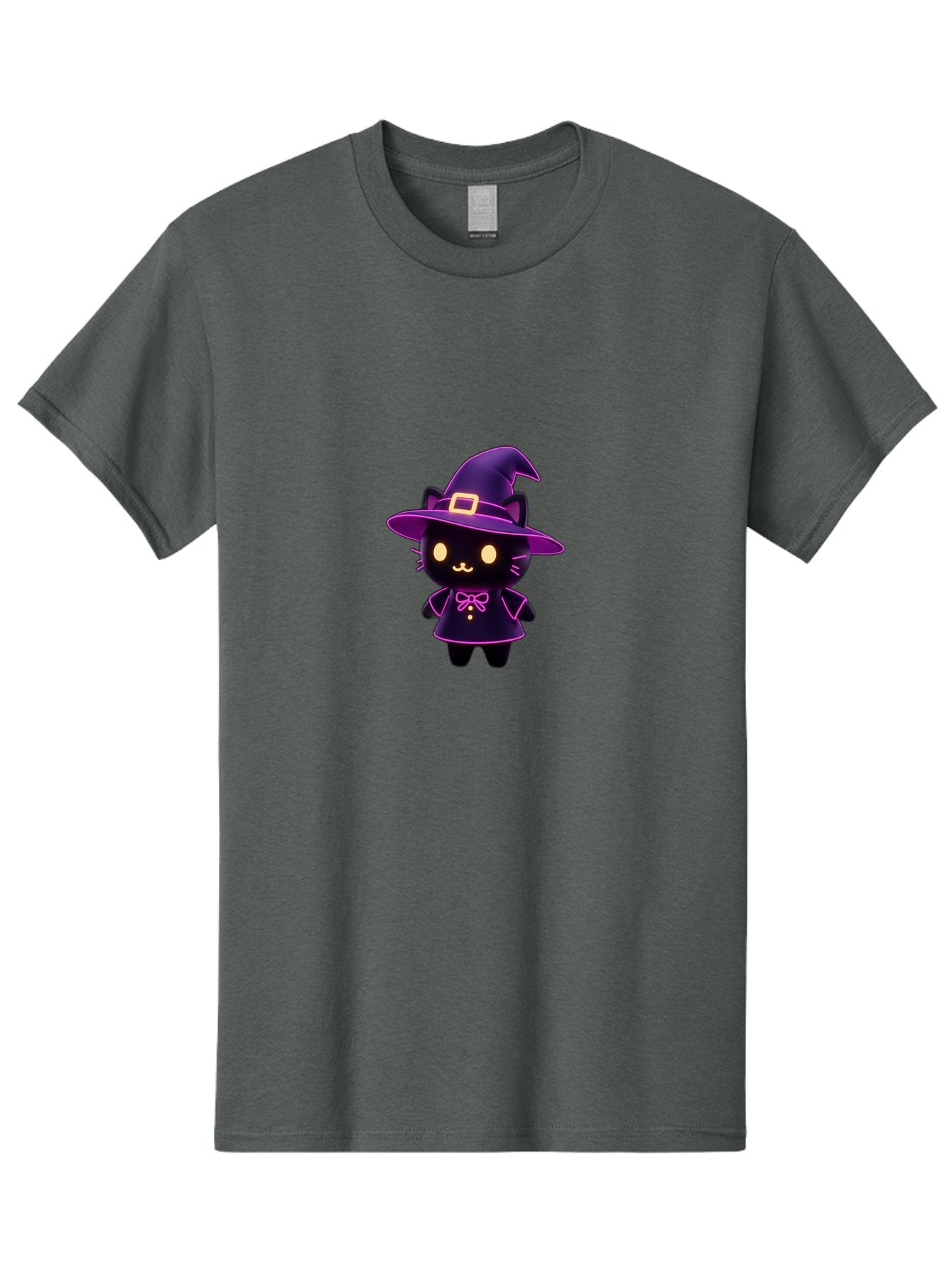 Witch-Cat Men'S Graphic Tee, 100% Cotton, Comfortable Casual Summer Wear, Machine Washable, Cartoon Black Cat, Witch Costume, Purple Hat, Gold Buckle, Pink Bow, Cute Design, Kawaii Style, Halloween Theme, Adorable Cat Character Bad918 3