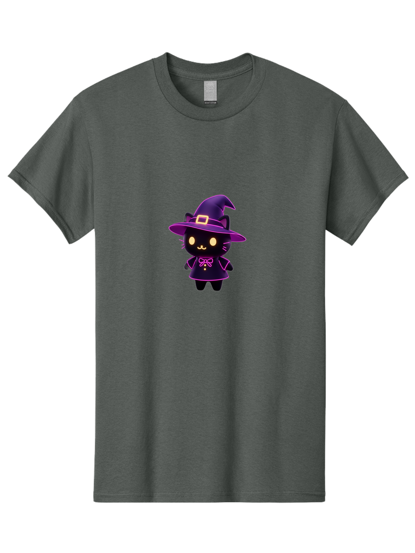 Witch-Cat Men'S Graphic Tee, 100% Cotton, Comfortable Casual Summer Wear, Machine Washable, Cartoon Black Cat, Witch Costume, Purple Hat, Gold Buckle, Pink Bow, Cute Design, Kawaii Style, Halloween Theme, Adorable Cat Character Bad918 9