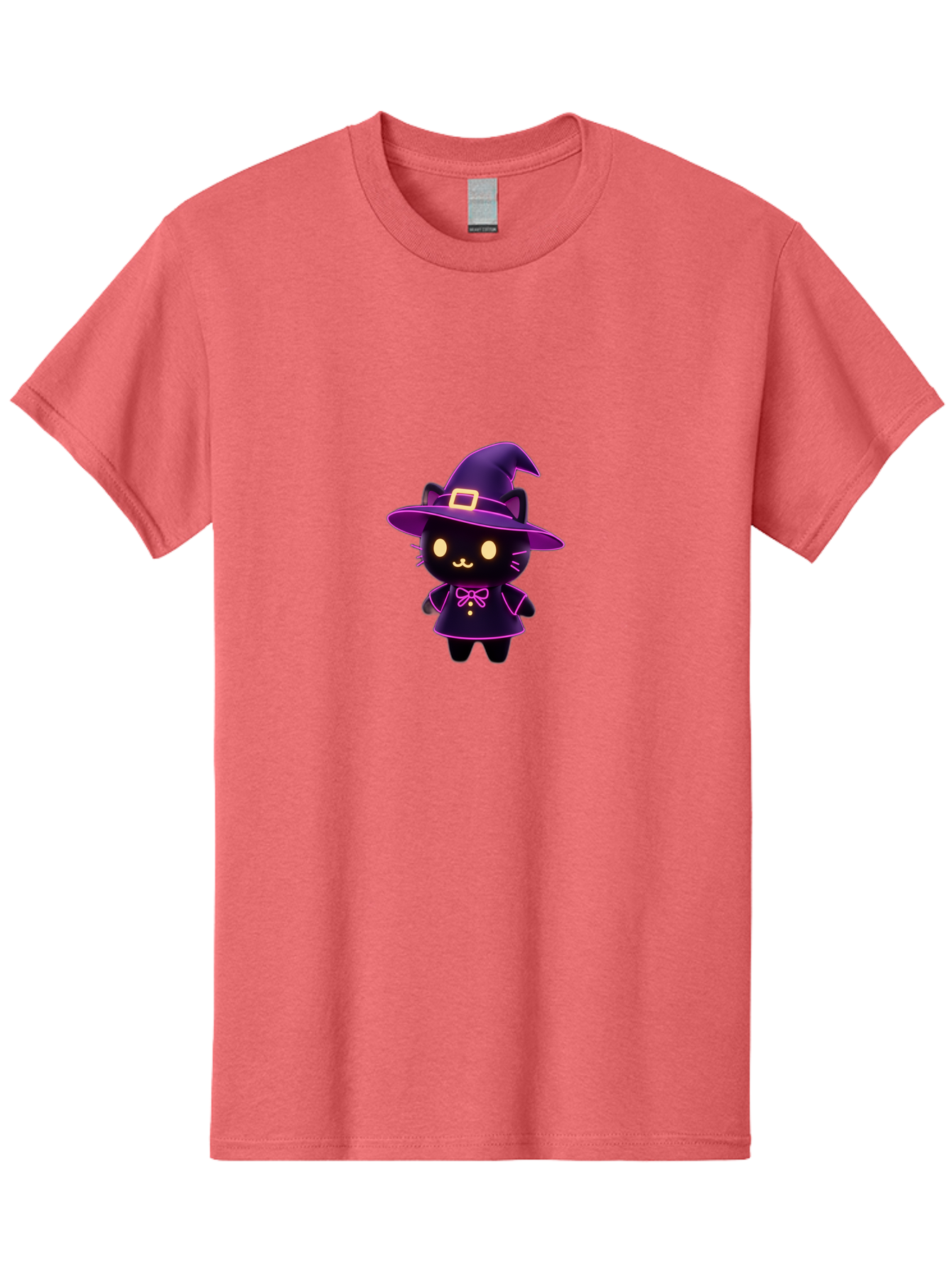 Witch-Cat Men'S Graphic Tee, 100% Cotton, Comfortable Casual Summer Wear, Machine Washable, Cartoon Black Cat, Witch Costume, Purple Hat, Gold Buckle, Pink Bow, Cute Design, Kawaii Style, Halloween Theme, Adorable Cat Character Bad918 3