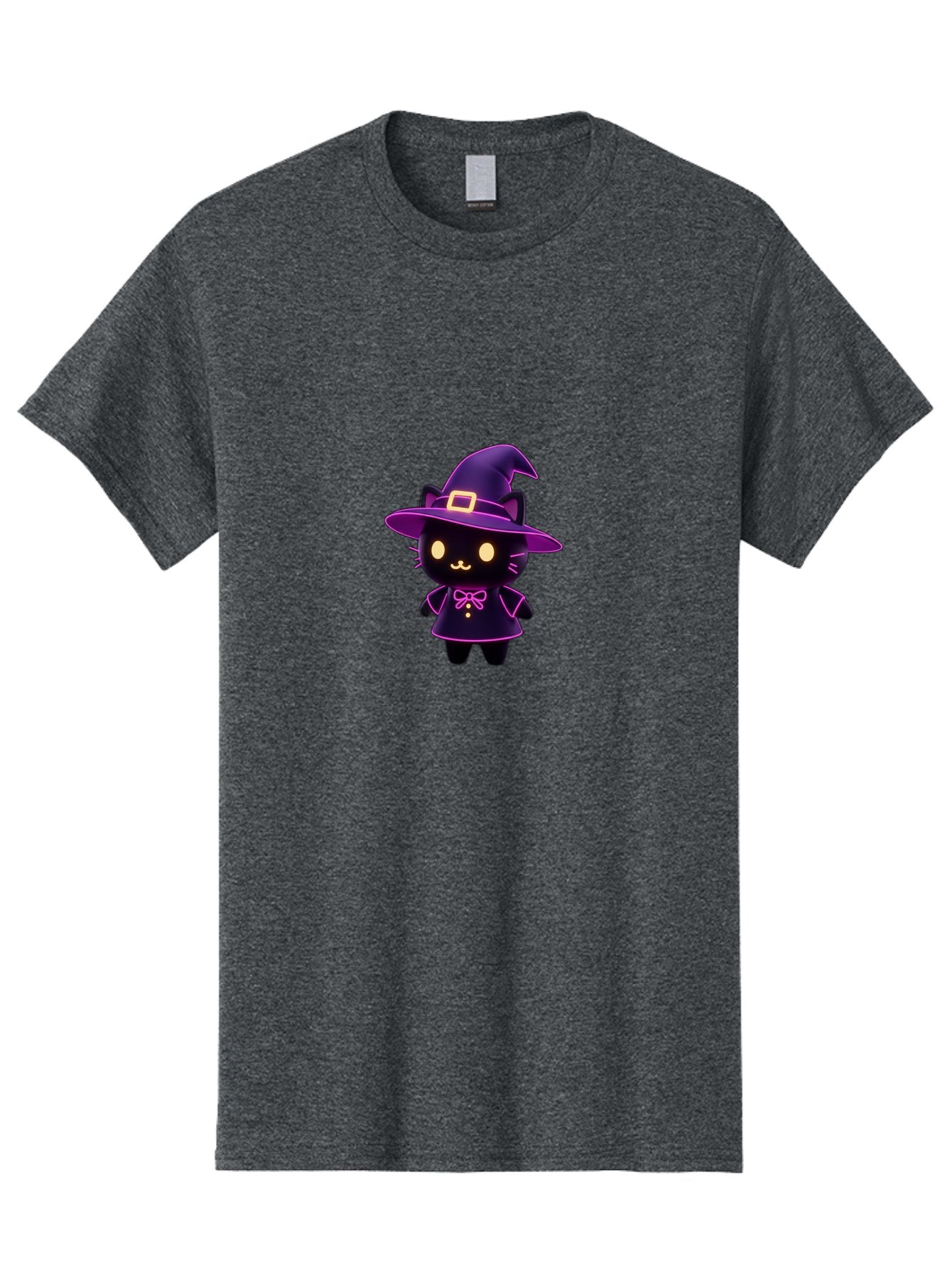 Witch-Cat Men'S Graphic Tee, 100% Cotton, Comfortable Casual Summer Wear, Machine Washable, Cartoon Black Cat, Witch Costume, Purple Hat, Gold Buckle, Pink Bow, Cute Design, Kawaii Style, Halloween Theme, Adorable Cat Character Bad918 9