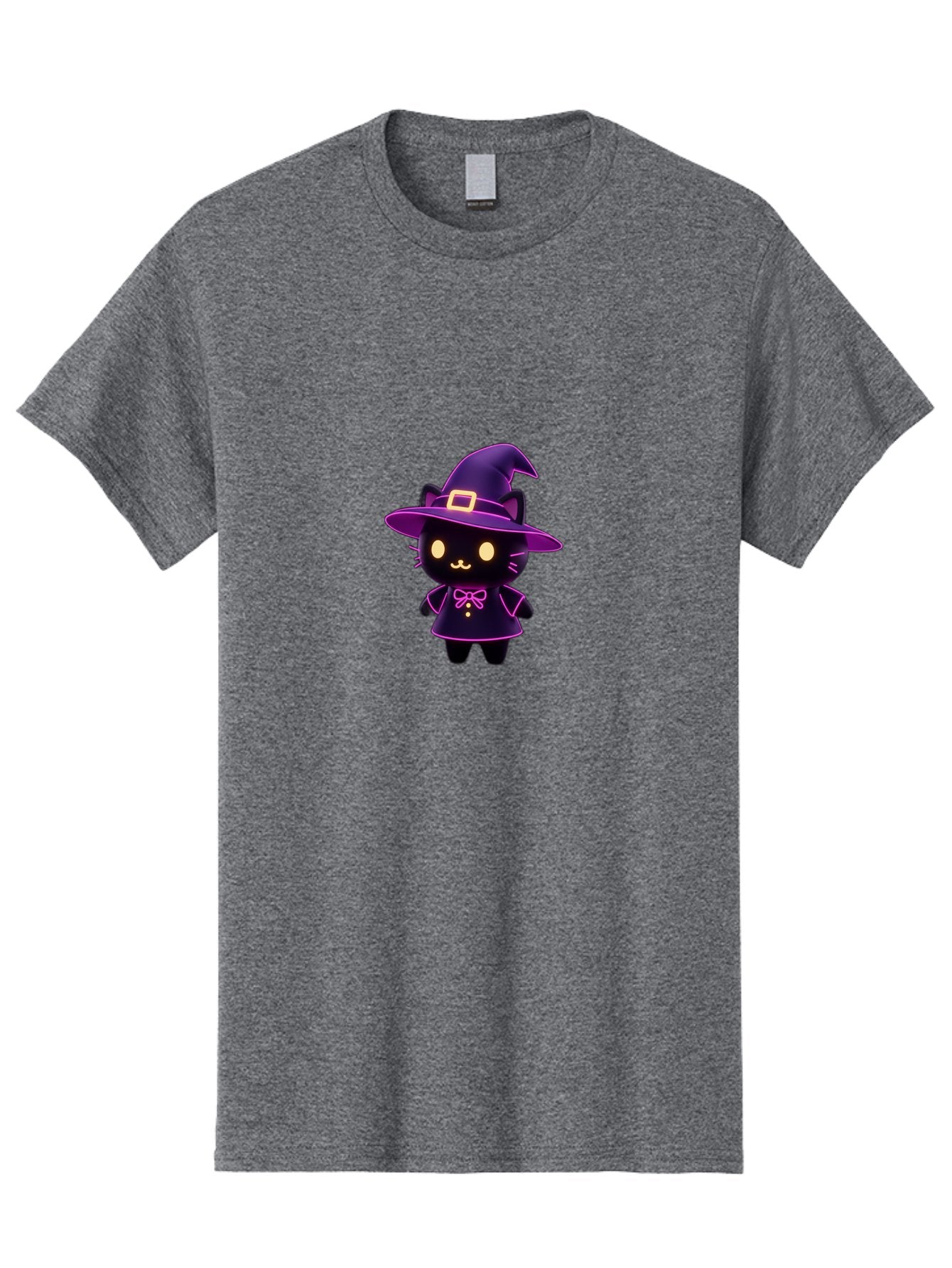 Witch-Cat Men'S Graphic Tee, 100% Cotton, Comfortable Casual Summer Wear, Machine Washable, Cartoon Black Cat, Witch Costume, Purple Hat, Gold Buckle, Pink Bow, Cute Design, Kawaii Style, Halloween Theme, Adorable Cat Character Bad918 4
