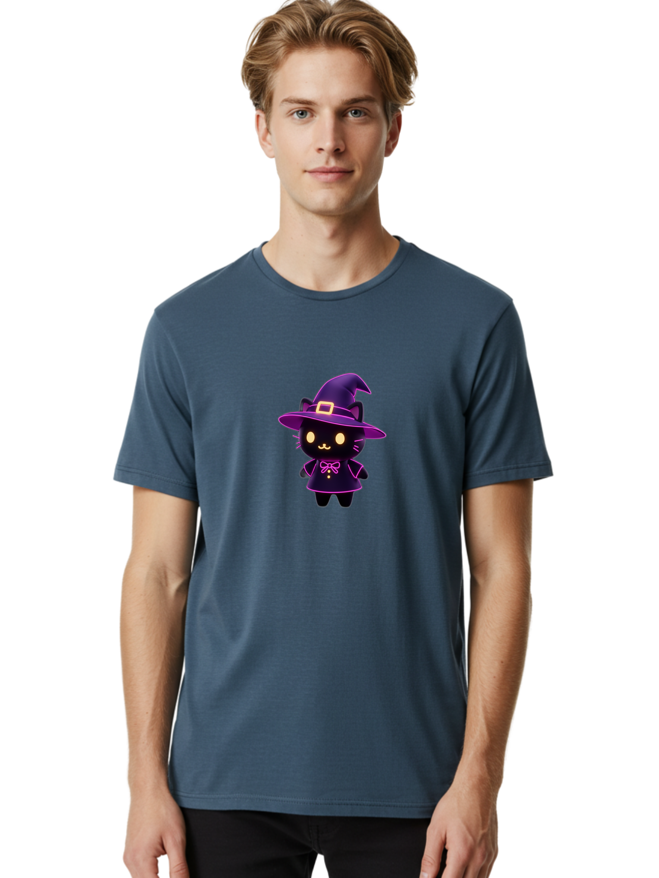 Witch-Cat Men'S Graphic Tee, 100% Cotton, Comfortable Casual Summer Wear, Machine Washable, Cartoon Black Cat, Witch Costume, Purple Hat, Gold Buckle, Pink Bow, Cute Design, Kawaii Style, Halloween Theme, Adorable Cat Character Bad918 25