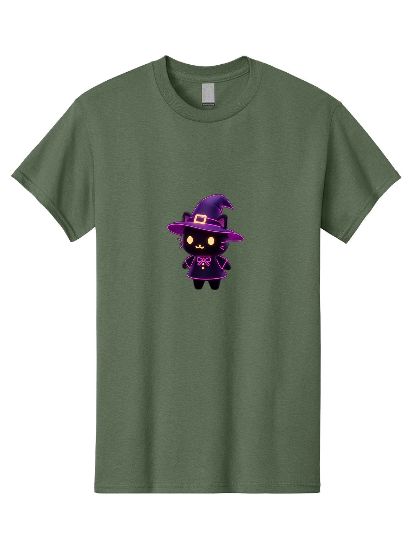 Witch-Cat Men'S Graphic Tee, 100% Cotton, Comfortable Casual Summer Wear, Machine Washable, Cartoon Black Cat, Witch Costume, Purple Hat, Gold Buckle, Pink Bow, Cute Design, Kawaii Style, Halloween Theme, Adorable Cat Character Bad918 6
