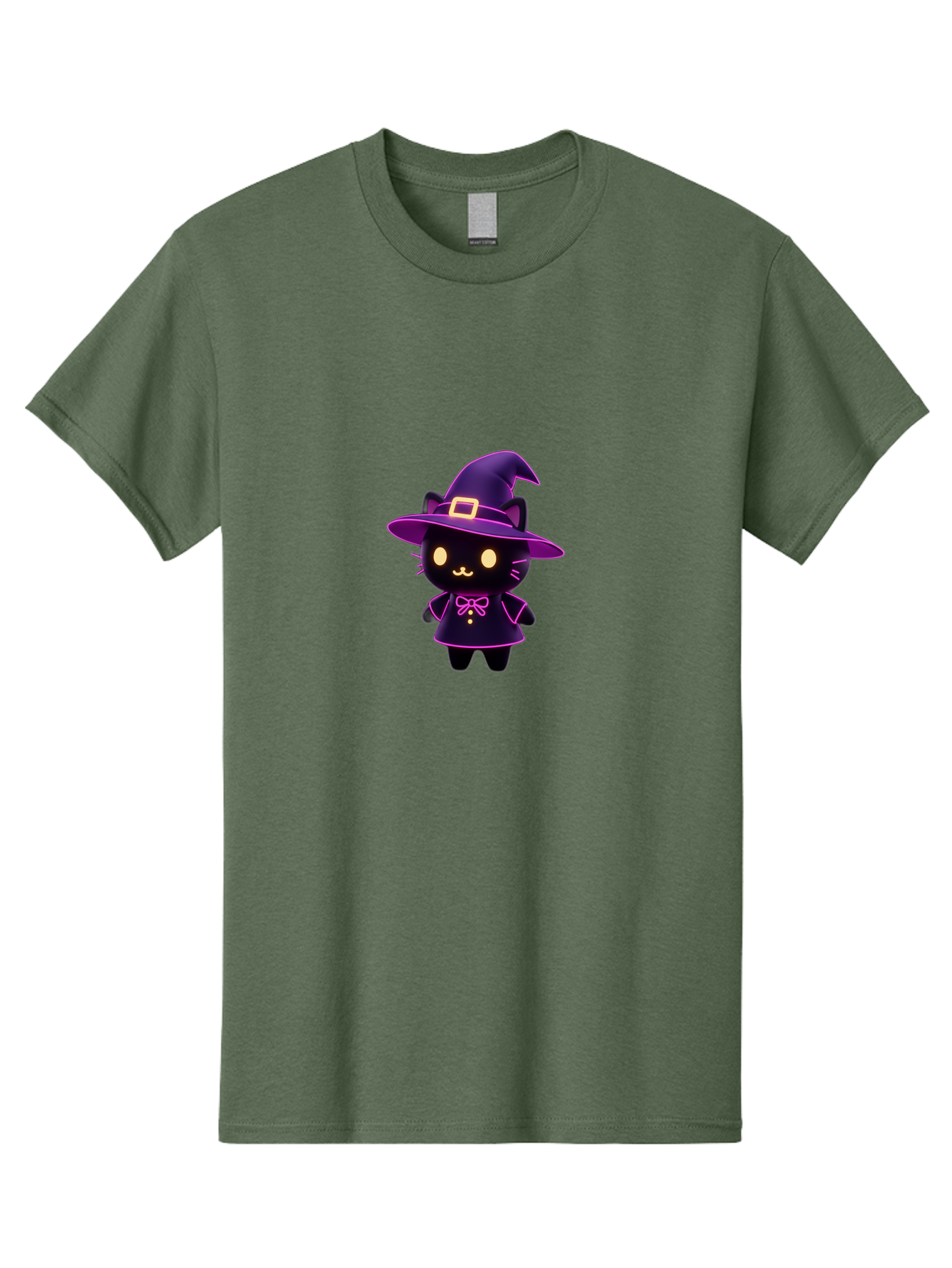 Witch-Cat Men'S Graphic Tee, 100% Cotton, Comfortable Casual Summer Wear, Machine Washable, Cartoon Black Cat, Witch Costume, Purple Hat, Gold Buckle, Pink Bow, Cute Design, Kawaii Style, Halloween Theme, Adorable Cat Character Bad918 7
