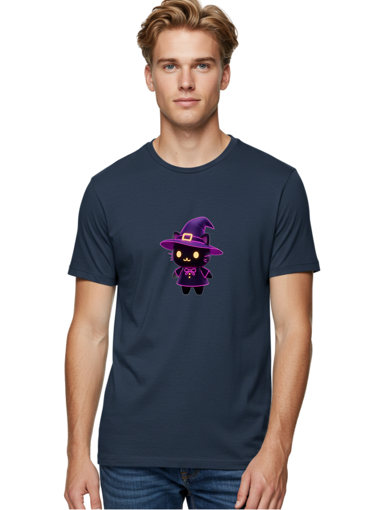 Witch-Cat Men'S Graphic Tee, 100% Cotton, Comfortable Casual Summer Wear, Machine Washable, Cartoon Black Cat, Witch Costume, Purple Hat, Gold Buckle, Pink Bow, Cute Design, Kawaii Style, Halloween Theme, Adorable Cat Character Bad918 28