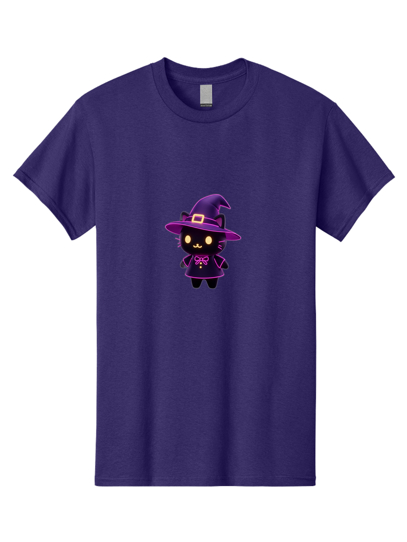 Witch-Cat Men'S Graphic Tee, 100% Cotton, Comfortable Casual Summer Wear, Machine Washable, Cartoon Black Cat, Witch Costume, Purple Hat, Gold Buckle, Pink Bow, Cute Design, Kawaii Style, Halloween Theme, Adorable Cat Character Bad918 15