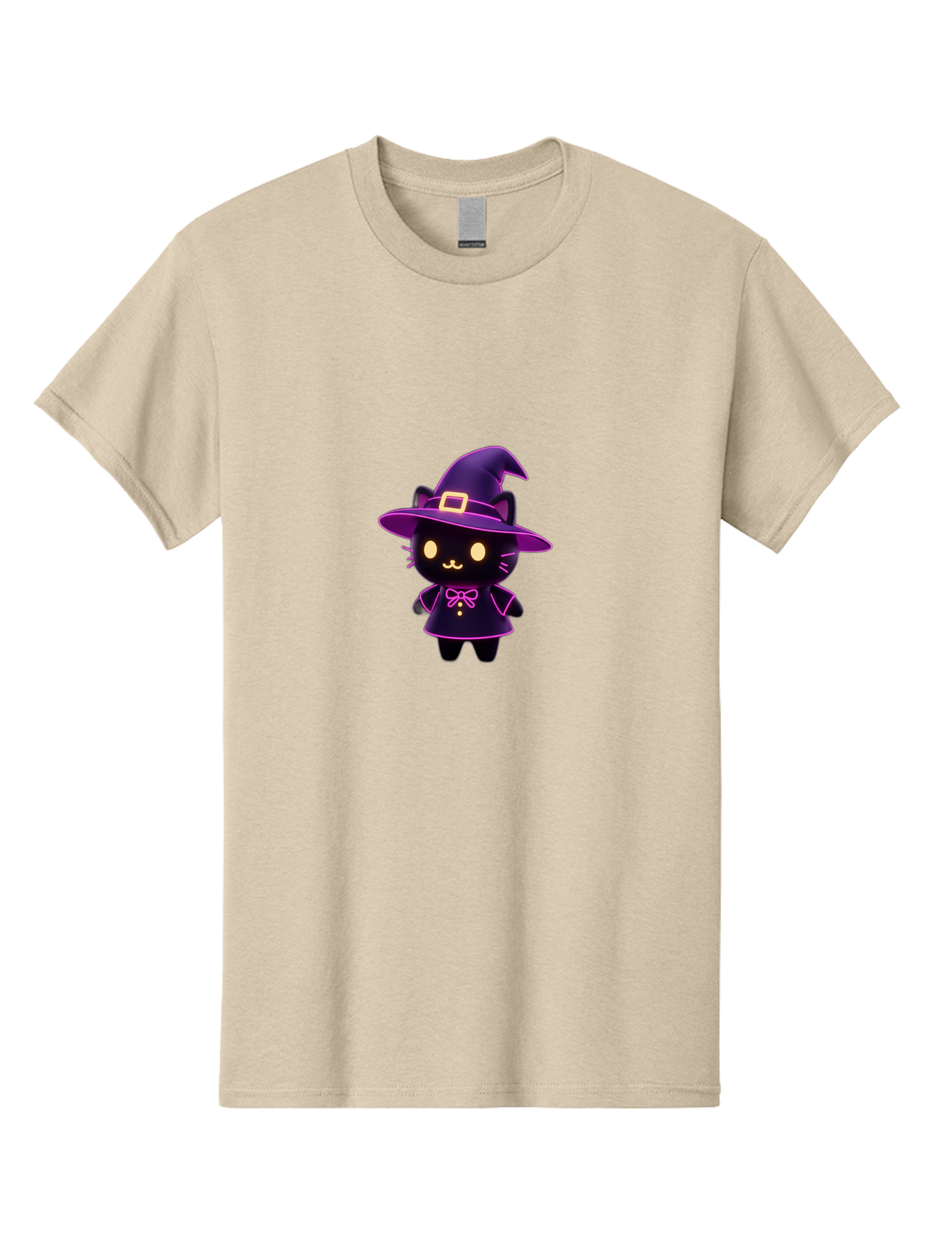 Witch-Cat Men'S Graphic Tee, 100% Cotton, Comfortable Casual Summer Wear, Machine Washable, Cartoon Black Cat, Witch Costume, Purple Hat, Gold Buckle, Pink Bow, Cute Design, Kawaii Style, Halloween Theme, Adorable Cat Character Bad918