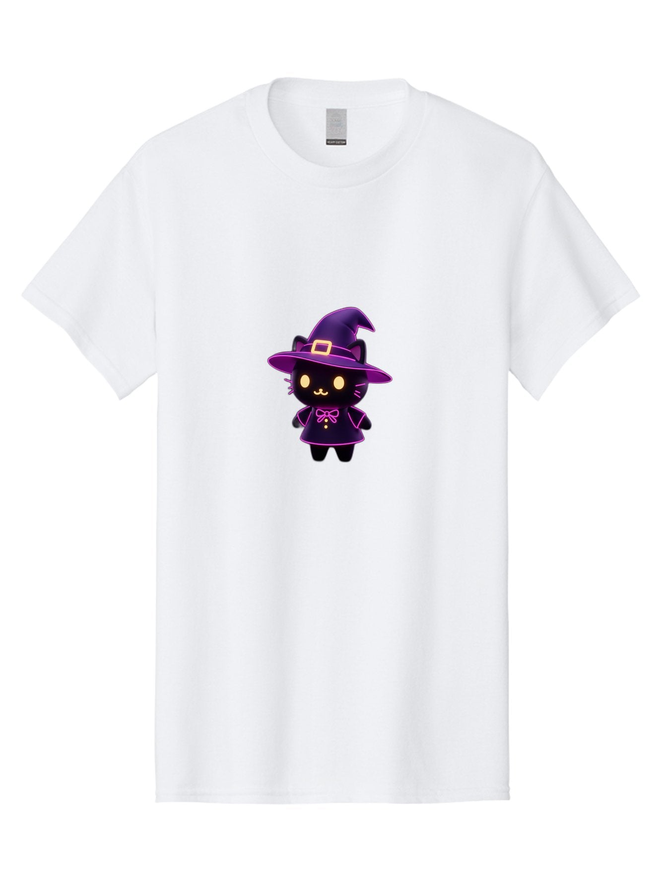 Witch-Cat Men'S Graphic Tee, 100% Cotton, Comfortable Casual Summer Wear, Machine Washable, Cartoon Black Cat, Witch Costume, Purple Hat, Gold Buckle, Pink Bow, Cute Design, Kawaii Style, Halloween Theme, Adorable Cat Character Bad918 10