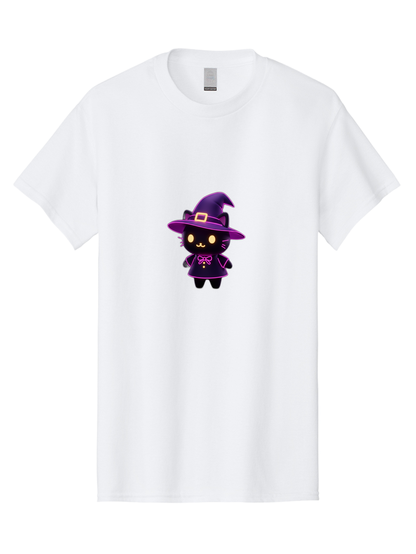 Witch-Cat Men'S Graphic Tee, 100% Cotton, Comfortable Casual Summer Wear, Machine Washable, Cartoon Black Cat, Witch Costume, Purple Hat, Gold Buckle, Pink Bow, Cute Design, Kawaii Style, Halloween Theme, Adorable Cat Character Bad918 14