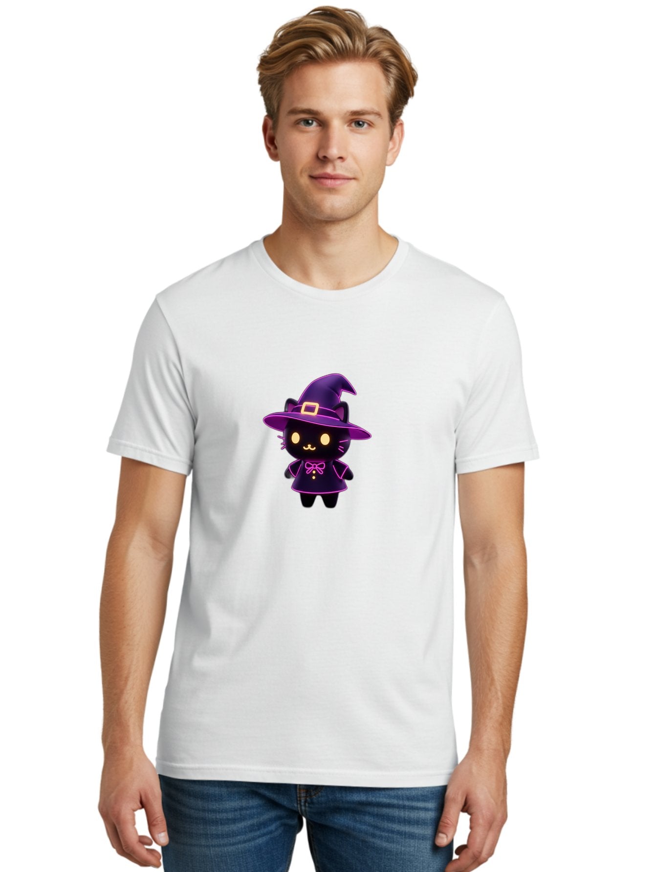 Witch-Cat Men'S Graphic Tee, 100% Cotton, Comfortable Casual Summer Wear, Machine Washable, Cartoon Black Cat, Witch Costume, Purple Hat, Gold Buckle, Pink Bow, Cute Design, Kawaii Style, Halloween Theme, Adorable Cat Character Bad918 17