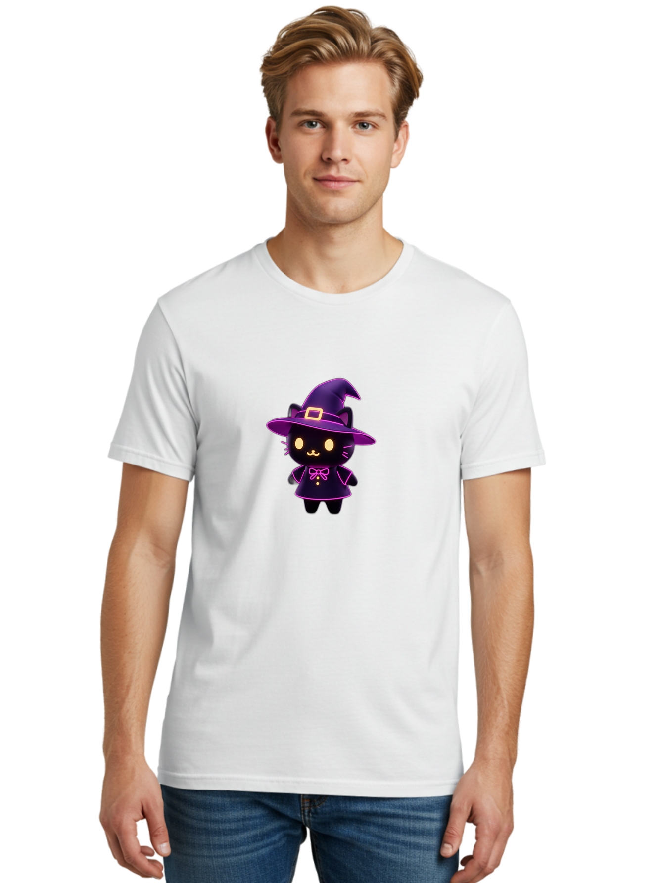 Witch-Cat Men'S Graphic Tee, 100% Cotton, Comfortable Casual Summer Wear, Machine Washable, Cartoon Black Cat, Witch Costume, Purple Hat, Gold Buckle, Pink Bow, Cute Design, Kawaii Style, Halloween Theme, Adorable Cat Character Bad918 29