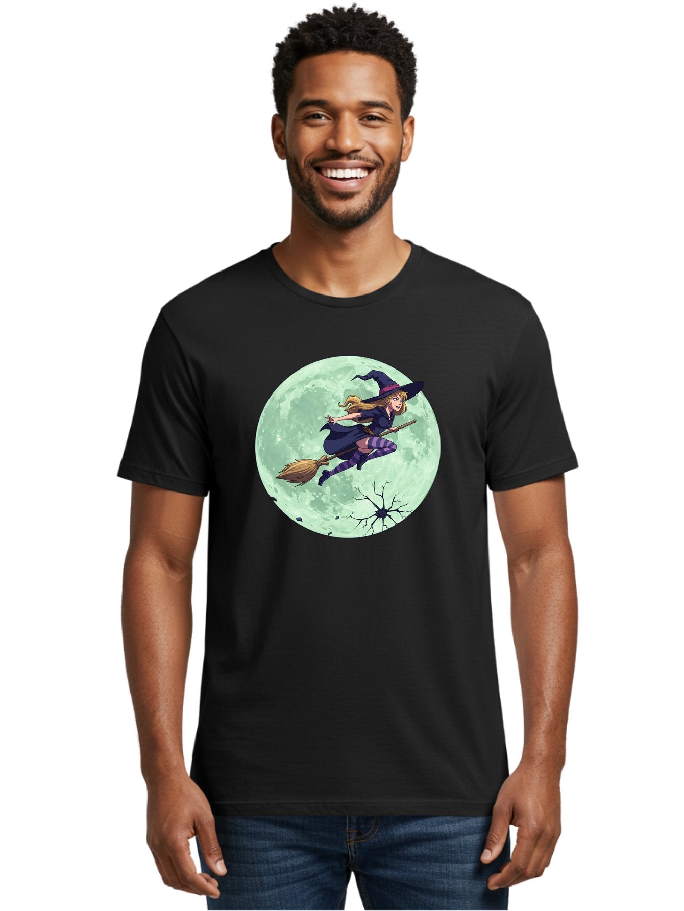 Witch-Flying-Broomstick Men'S Graphic Tee, 100% Cotton, Comfortable Casual Summer Wear, Machine Washable, Witch Flying On Broomstick, Full Moon, Halloween Magic, Fantasy Illustration, Mystical Night, Supernatural Creatures, Cartoon Style Bad919 26
