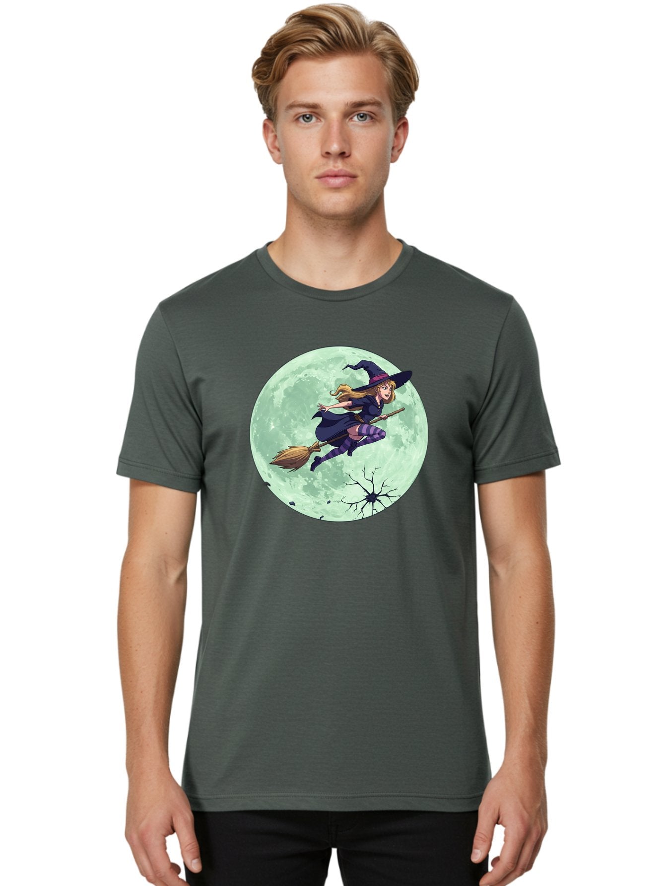 Witch-Flying-Broomstick Men'S Graphic Tee, 100% Cotton, Comfortable Casual Summer Wear, Machine Washable, Witch Flying On Broomstick, Full Moon, Halloween Magic, Fantasy Illustration, Mystical Night, Supernatural Creatures, Cartoon Style Bad919 18