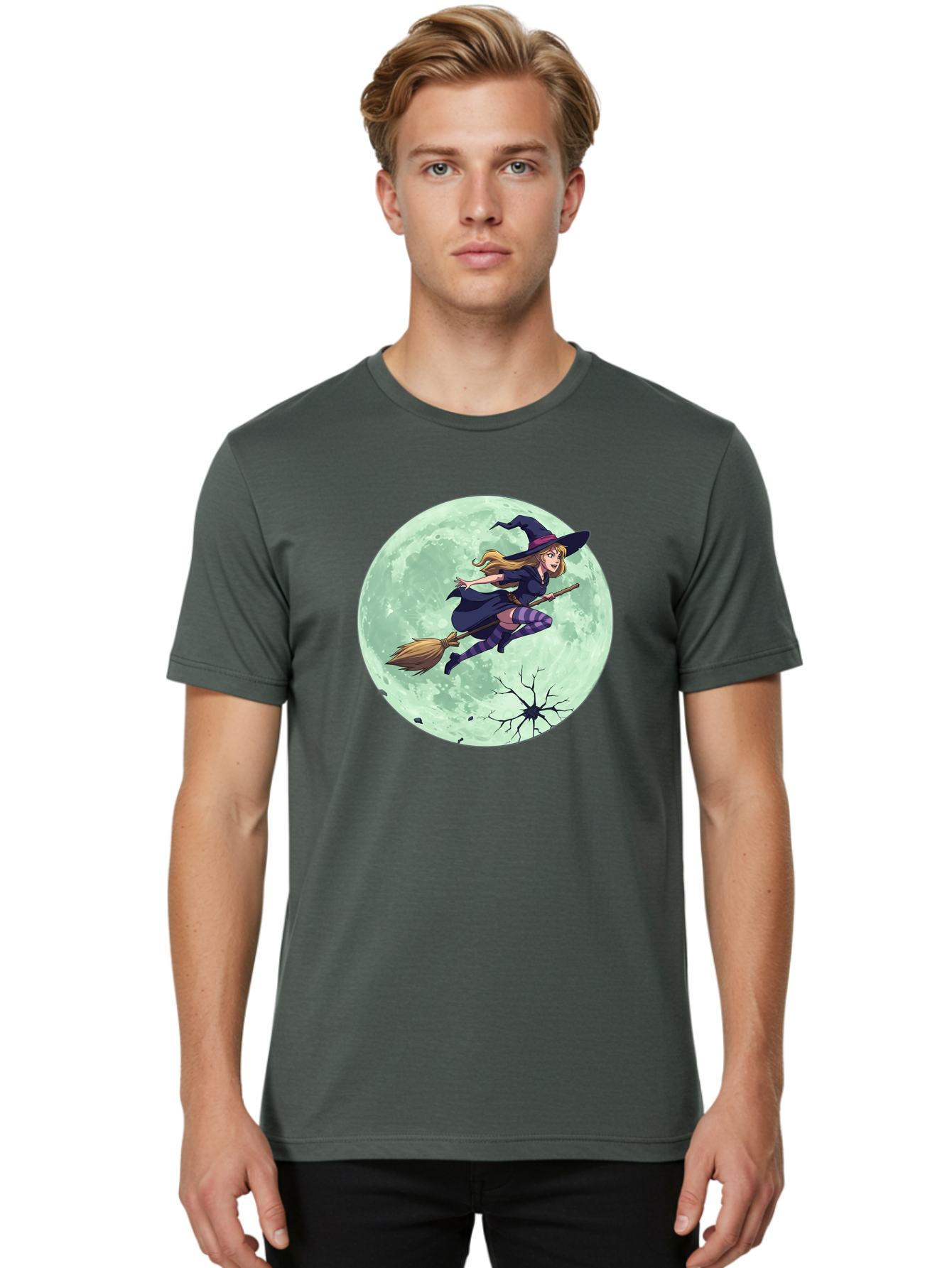 Witch-Flying-Broomstick Men'S Graphic Tee, 100% Cotton, Comfortable Casual Summer Wear, Machine Washable, Witch Flying On Broomstick, Full Moon, Halloween Magic, Fantasy Illustration, Mystical Night, Supernatural Creatures, Cartoon Style Bad919 27
