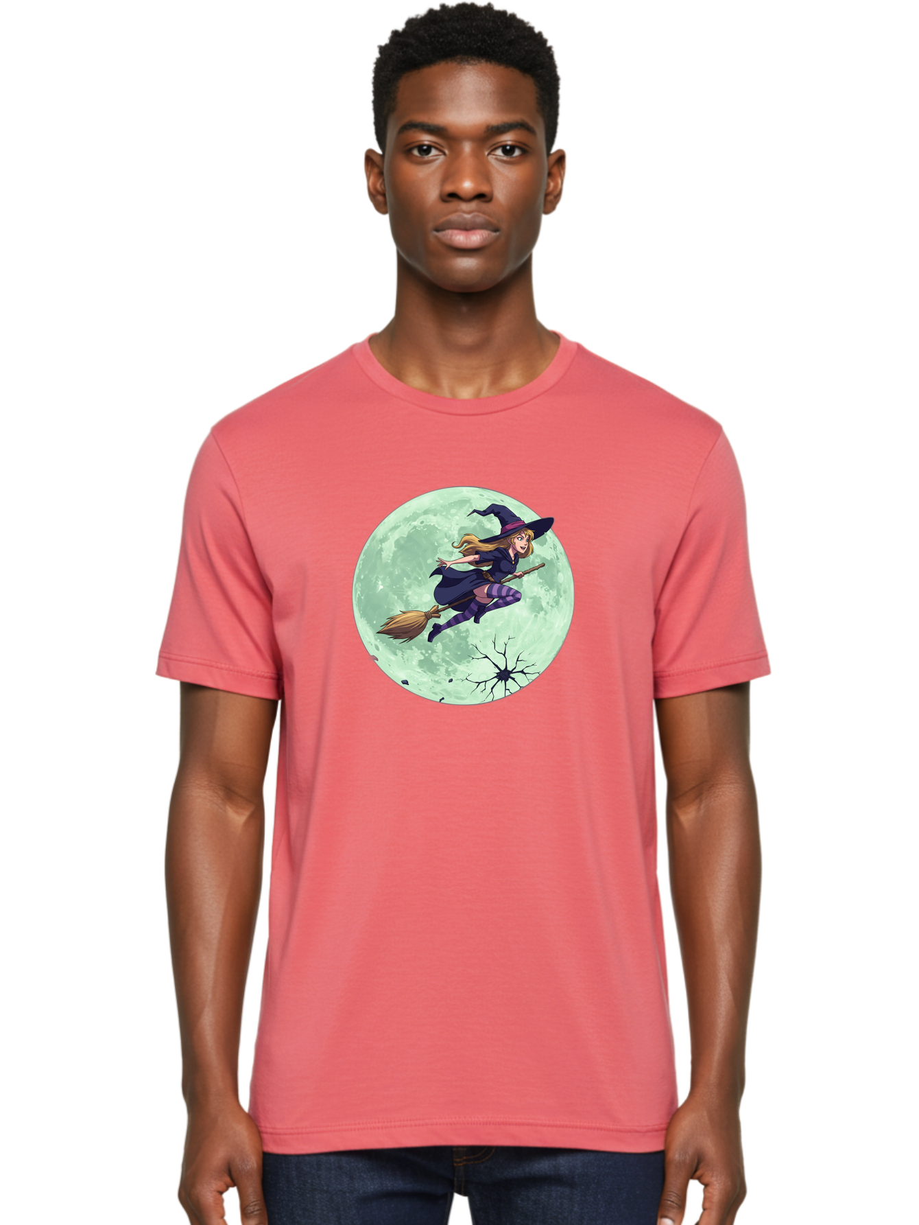 Witch-Flying-Broomstick Men'S Graphic Tee, 100% Cotton, Comfortable Casual Summer Wear, Machine Washable, Witch Flying On Broomstick, Full Moon, Halloween Magic, Fantasy Illustration, Mystical Night, Supernatural Creatures, Cartoon Style Bad919 30