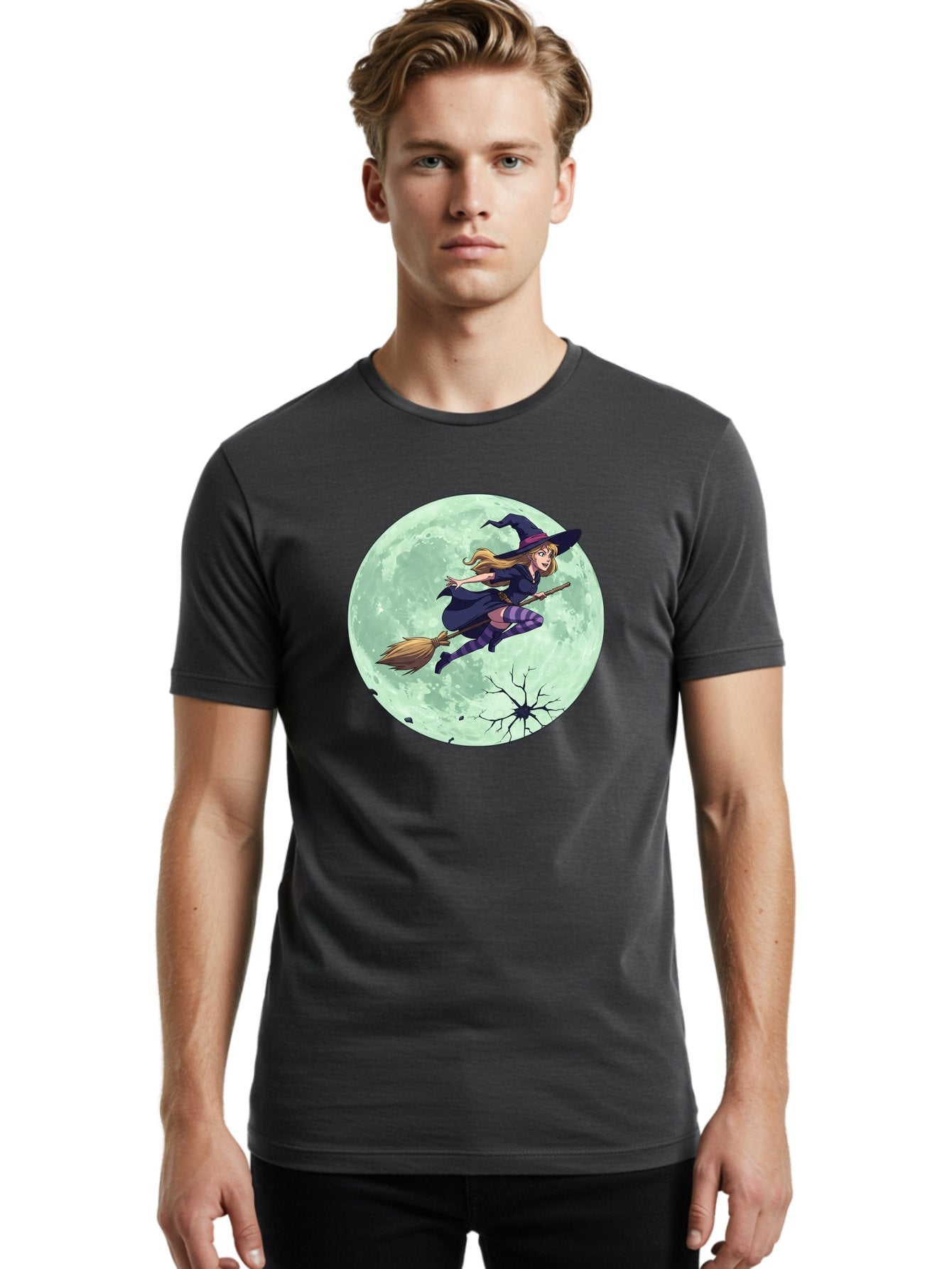 Witch-Flying-Broomstick Men'S Graphic Tee, 100% Cotton, Comfortable Casual Summer Wear, Machine Washable, Witch Flying On Broomstick, Full Moon, Halloween Magic, Fantasy Illustration, Mystical Night, Supernatural Creatures, Cartoon Style Bad919 24