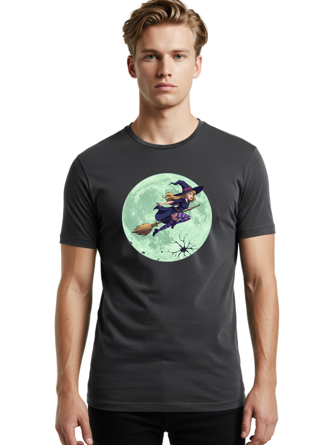 Witch-Flying-Broomstick Men'S Graphic Tee, 100% Cotton, Comfortable Casual Summer Wear, Machine Washable, Witch Flying On Broomstick, Full Moon, Halloween Magic, Fantasy Illustration, Mystical Night, Supernatural Creatures, Cartoon Style Bad919 22
