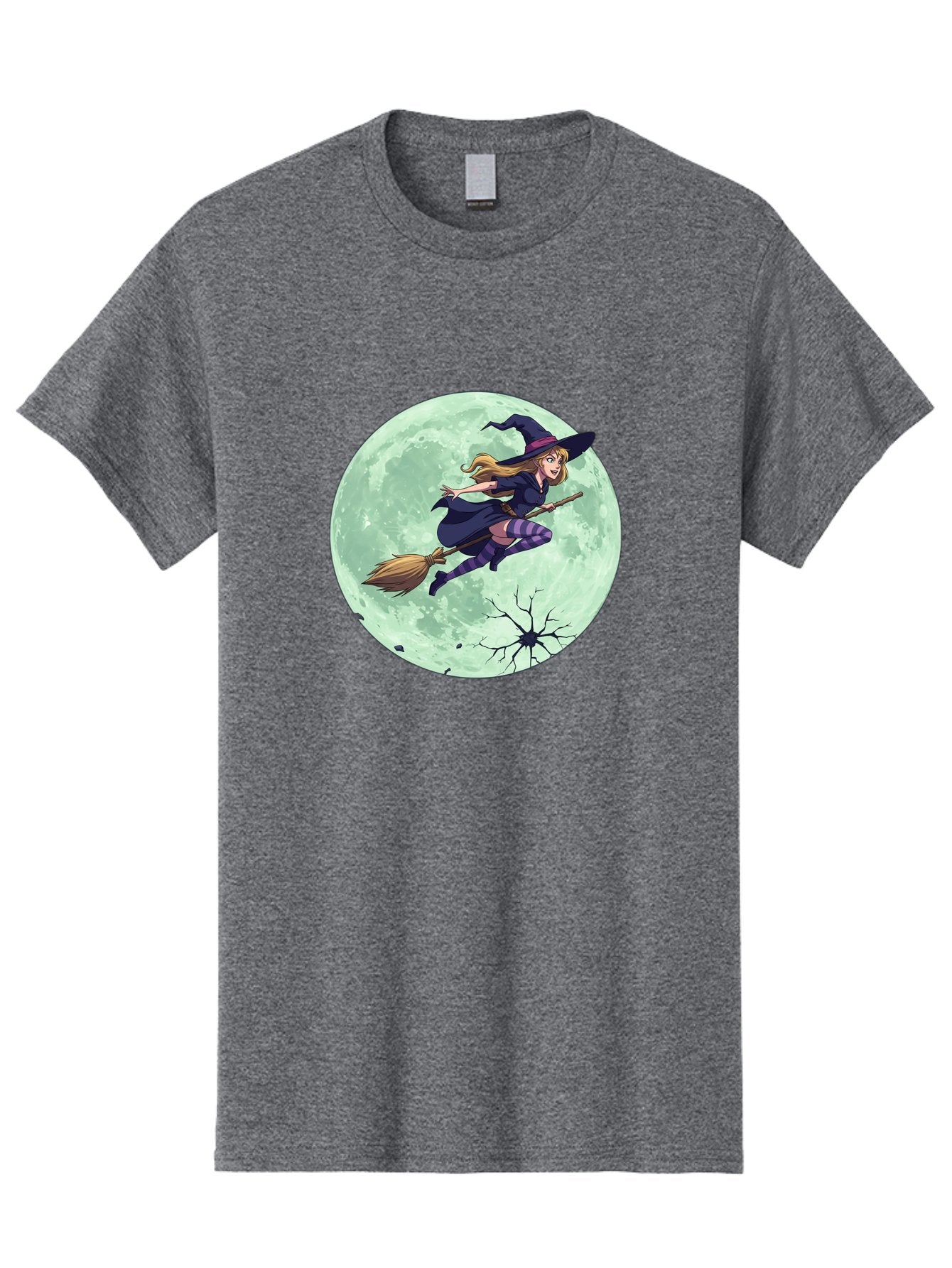 Witch-Flying-Broomstick Men'S Graphic Tee, 100% Cotton, Comfortable Casual Summer Wear, Machine Washable, Witch Flying On Broomstick, Full Moon, Halloween Magic, Fantasy Illustration, Mystical Night, Supernatural Creatures, Cartoon Style Bad919 3