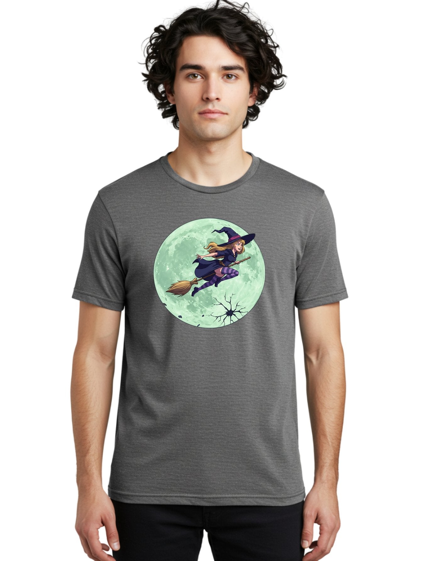 Witch-Flying-Broomstick Men'S Graphic Tee, 100% Cotton, Comfortable Casual Summer Wear, Machine Washable, Witch Flying On Broomstick, Full Moon, Halloween Magic, Fantasy Illustration, Mystical Night, Supernatural Creatures, Cartoon Style Bad919 22