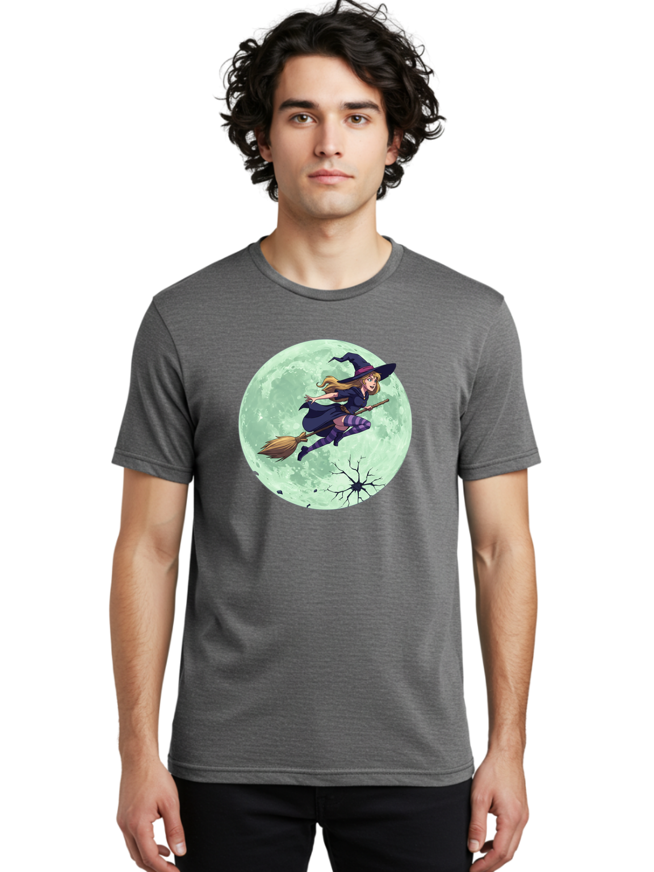 Witch-Flying-Broomstick Men'S Graphic Tee, 100% Cotton, Comfortable Casual Summer Wear, Machine Washable, Witch Flying On Broomstick, Full Moon, Halloween Magic, Fantasy Illustration, Mystical Night, Supernatural Creatures, Cartoon Style Bad919 24