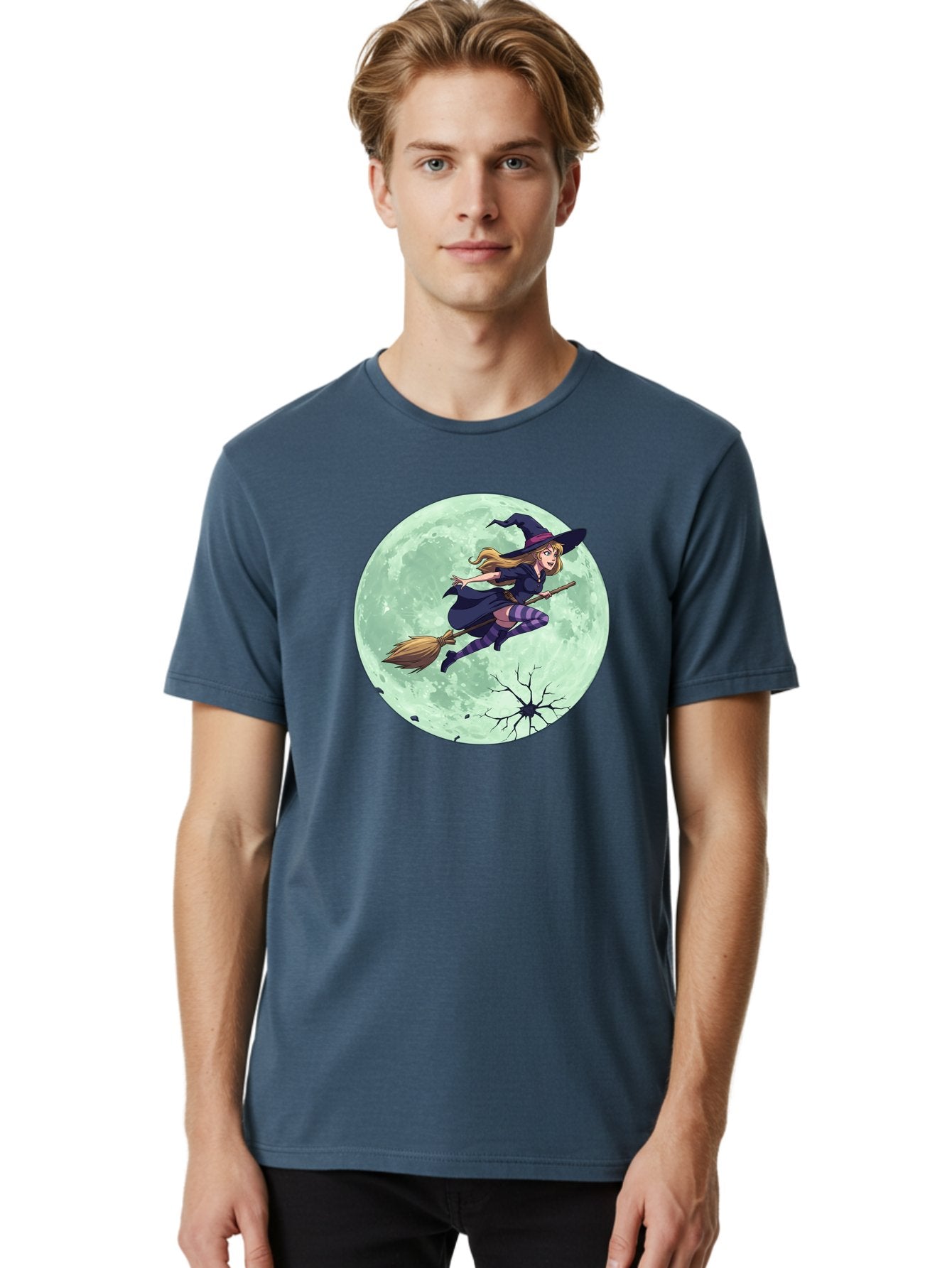 Witch-Flying-Broomstick Men'S Graphic Tee, 100% Cotton, Comfortable Casual Summer Wear, Machine Washable, Witch Flying On Broomstick, Full Moon, Halloween Magic, Fantasy Illustration, Mystical Night, Supernatural Creatures, Cartoon Style Bad919 30