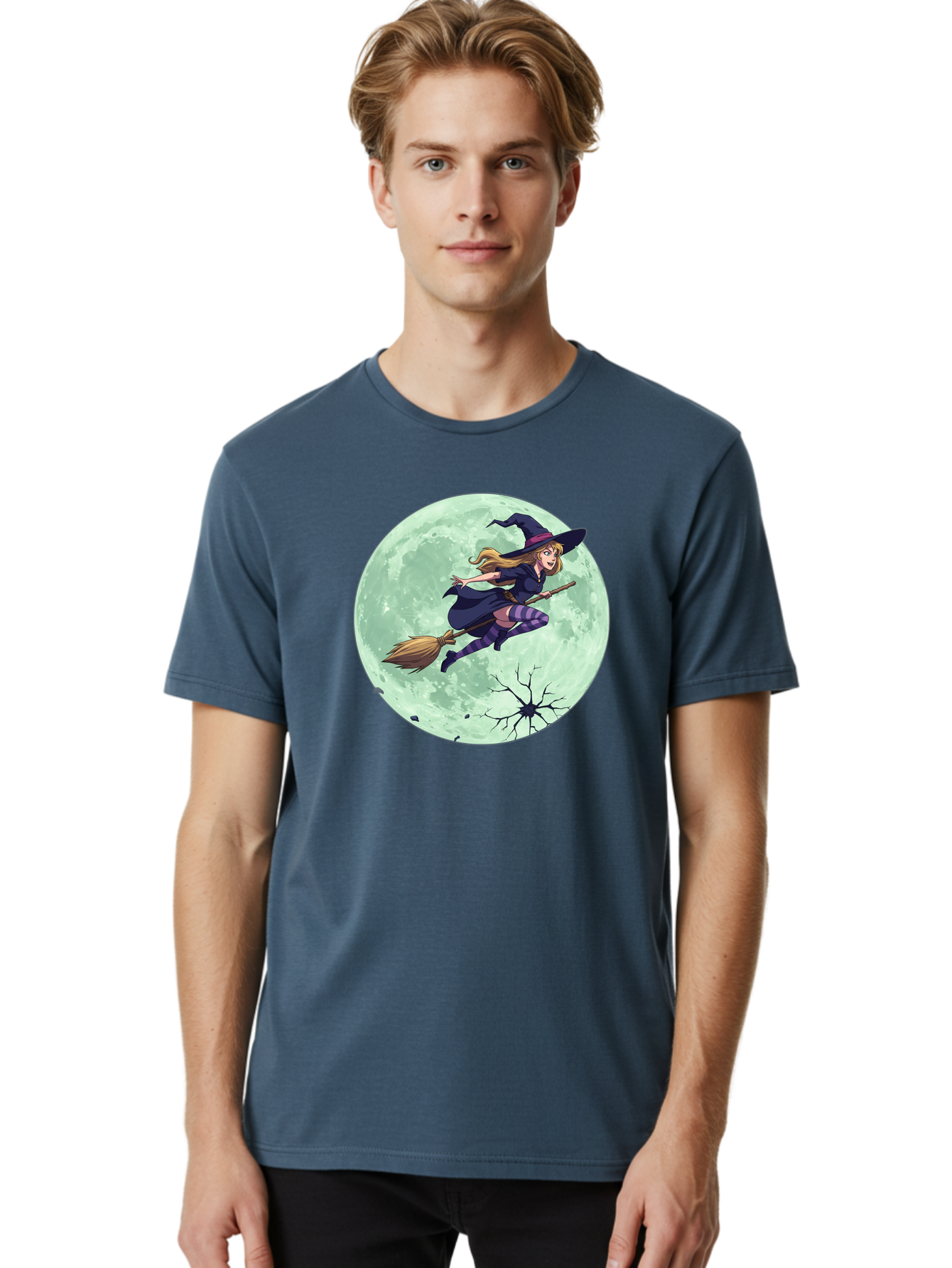 Witch-Flying-Broomstick Men'S Graphic Tee, 100% Cotton, Comfortable Casual Summer Wear, Machine Washable, Witch Flying On Broomstick, Full Moon, Halloween Magic, Fantasy Illustration, Mystical Night, Supernatural Creatures, Cartoon Style Bad919 16
