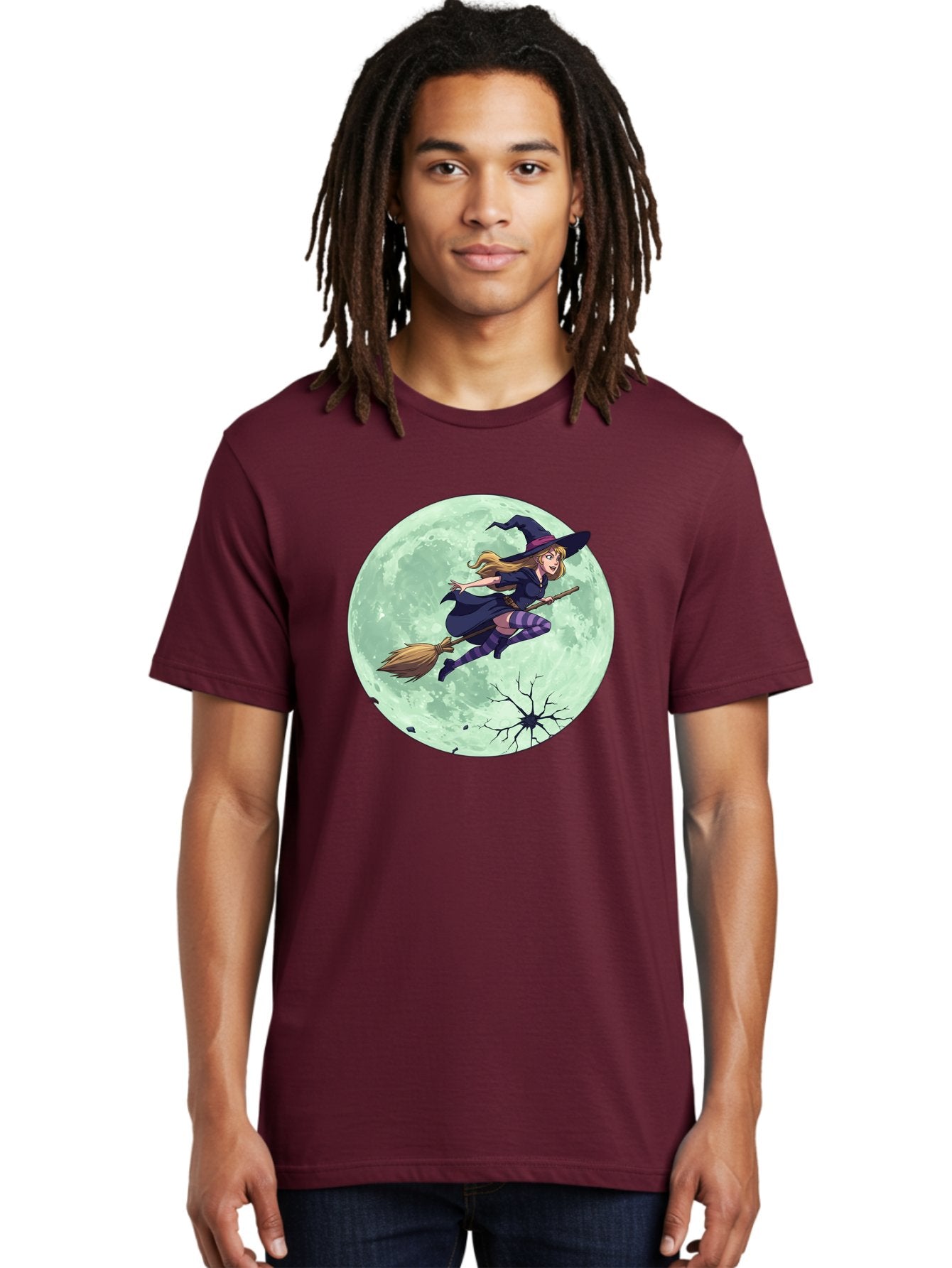 Witch-Flying-Broomstick Men'S Graphic Tee, 100% Cotton, Comfortable Casual Summer Wear, Machine Washable, Witch Flying On Broomstick, Full Moon, Halloween Magic, Fantasy Illustration, Mystical Night, Supernatural Creatures, Cartoon Style Bad919 16