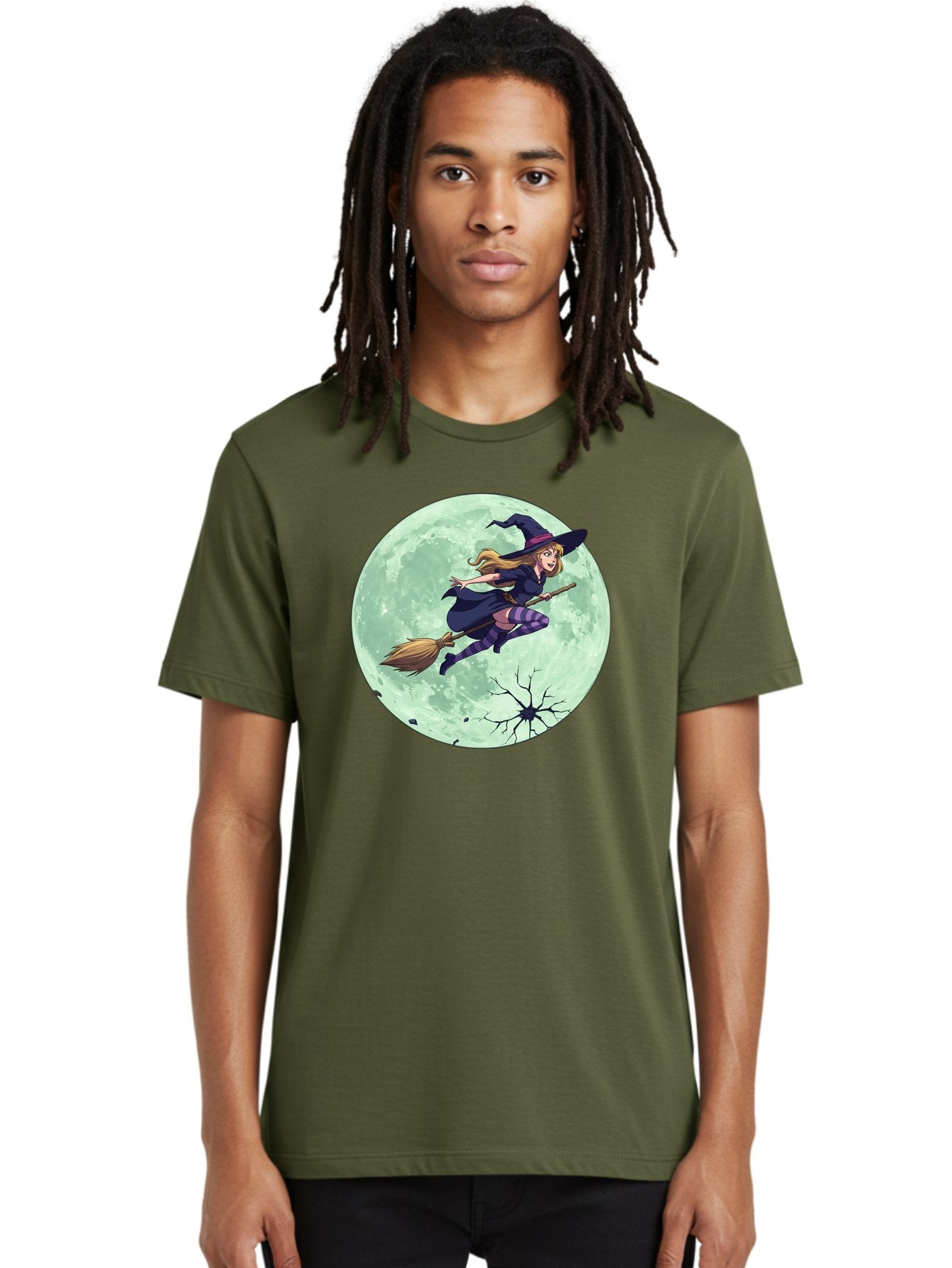 Witch-Flying-Broomstick Men'S Graphic Tee, 100% Cotton, Comfortable Casual Summer Wear, Machine Washable, Witch Flying On Broomstick, Full Moon, Halloween Magic, Fantasy Illustration, Mystical Night, Supernatural Creatures, Cartoon Style Bad919 25