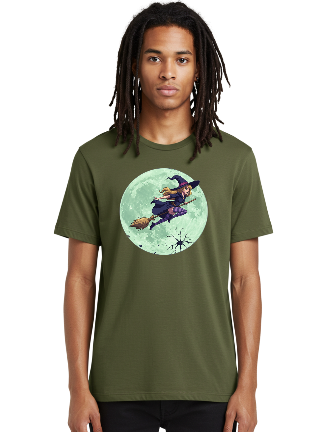 Witch-Flying-Broomstick Men'S Graphic Tee, 100% Cotton, Comfortable Casual Summer Wear, Machine Washable, Witch Flying On Broomstick, Full Moon, Halloween Magic, Fantasy Illustration, Mystical Night, Supernatural Creatures, Cartoon Style Bad919 21