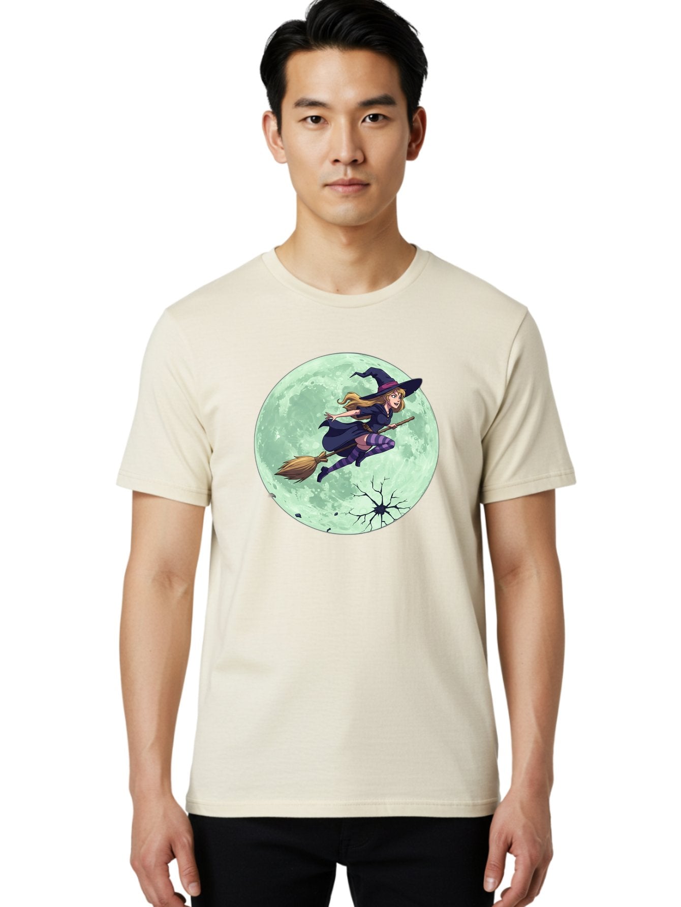 Witch-Flying-Broomstick Men'S Graphic Tee, 100% Cotton, Comfortable Casual Summer Wear, Machine Washable, Witch Flying On Broomstick, Full Moon, Halloween Magic, Fantasy Illustration, Mystical Night, Supernatural Creatures, Cartoon Style Bad919 19