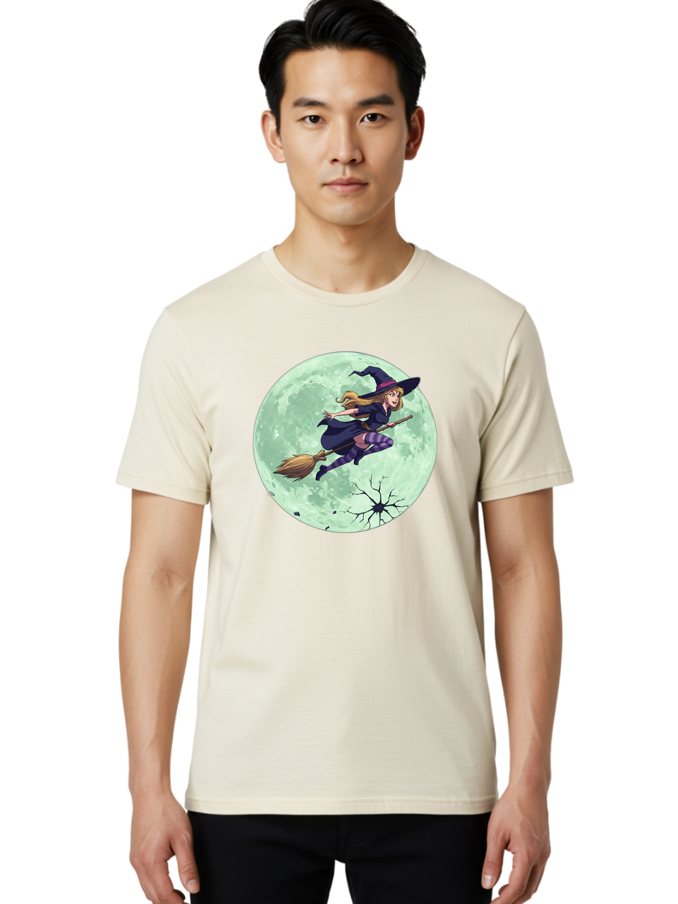 Witch-Flying-Broomstick Men'S Graphic Tee, 100% Cotton, Comfortable Casual Summer Wear, Machine Washable, Witch Flying On Broomstick, Full Moon, Halloween Magic, Fantasy Illustration, Mystical Night, Supernatural Creatures, Cartoon Style Bad919 26