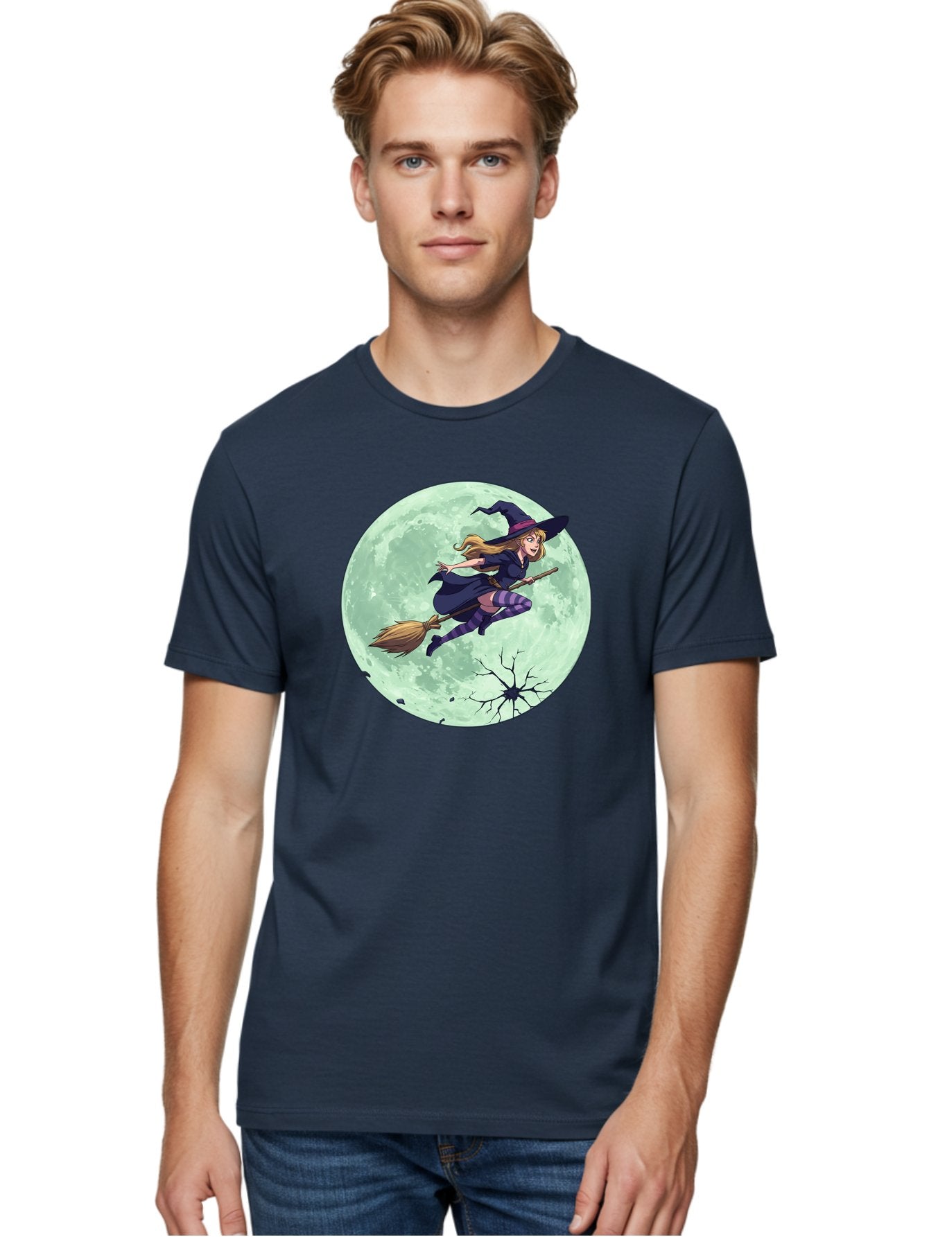 Witch-Flying-Broomstick Men'S Graphic Tee, 100% Cotton, Comfortable Casual Summer Wear, Machine Washable, Witch Flying On Broomstick, Full Moon, Halloween Magic, Fantasy Illustration, Mystical Night, Supernatural Creatures, Cartoon Style Bad919 28