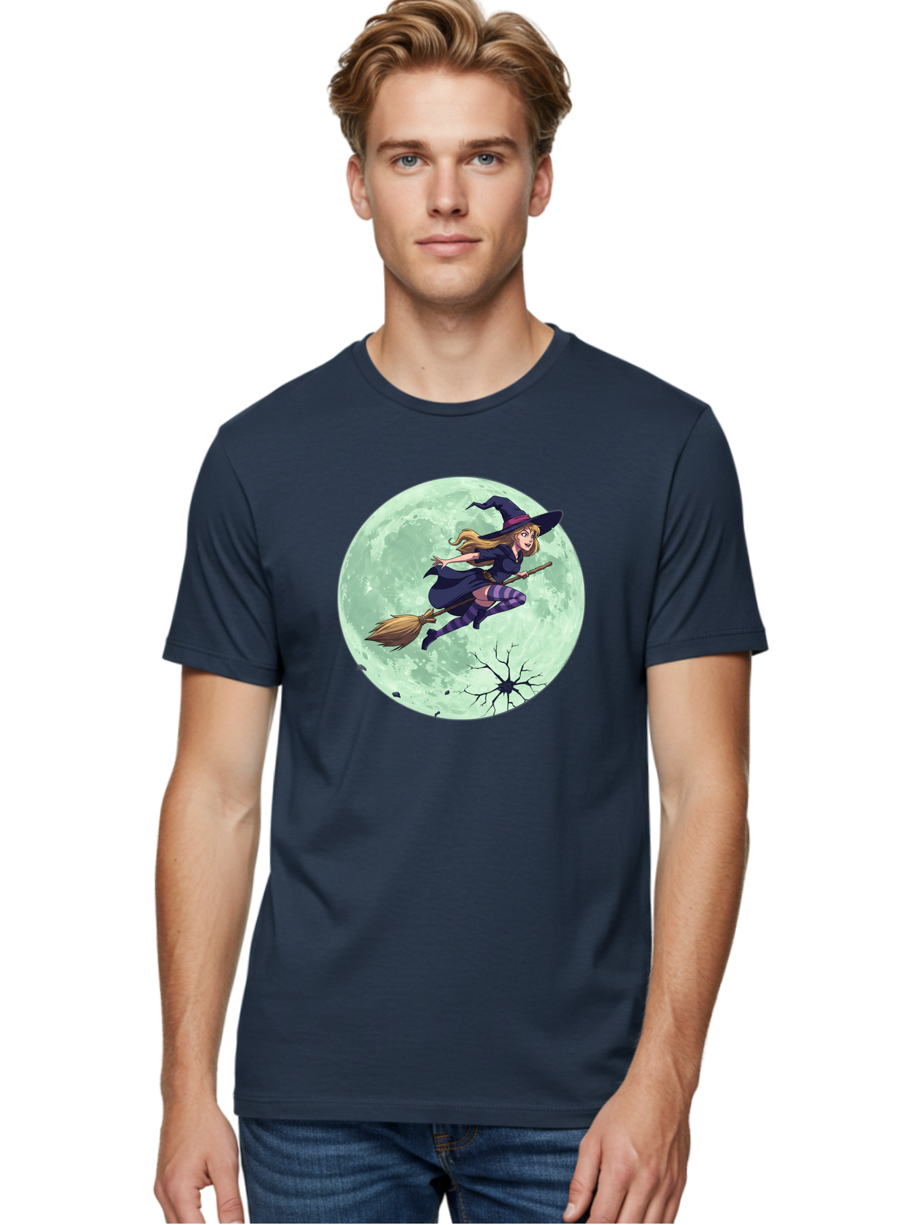 Witch-Flying-Broomstick Men'S Graphic Tee, 100% Cotton, Comfortable Casual Summer Wear, Machine Washable, Witch Flying On Broomstick, Full Moon, Halloween Magic, Fantasy Illustration, Mystical Night, Supernatural Creatures, Cartoon Style Bad919 18