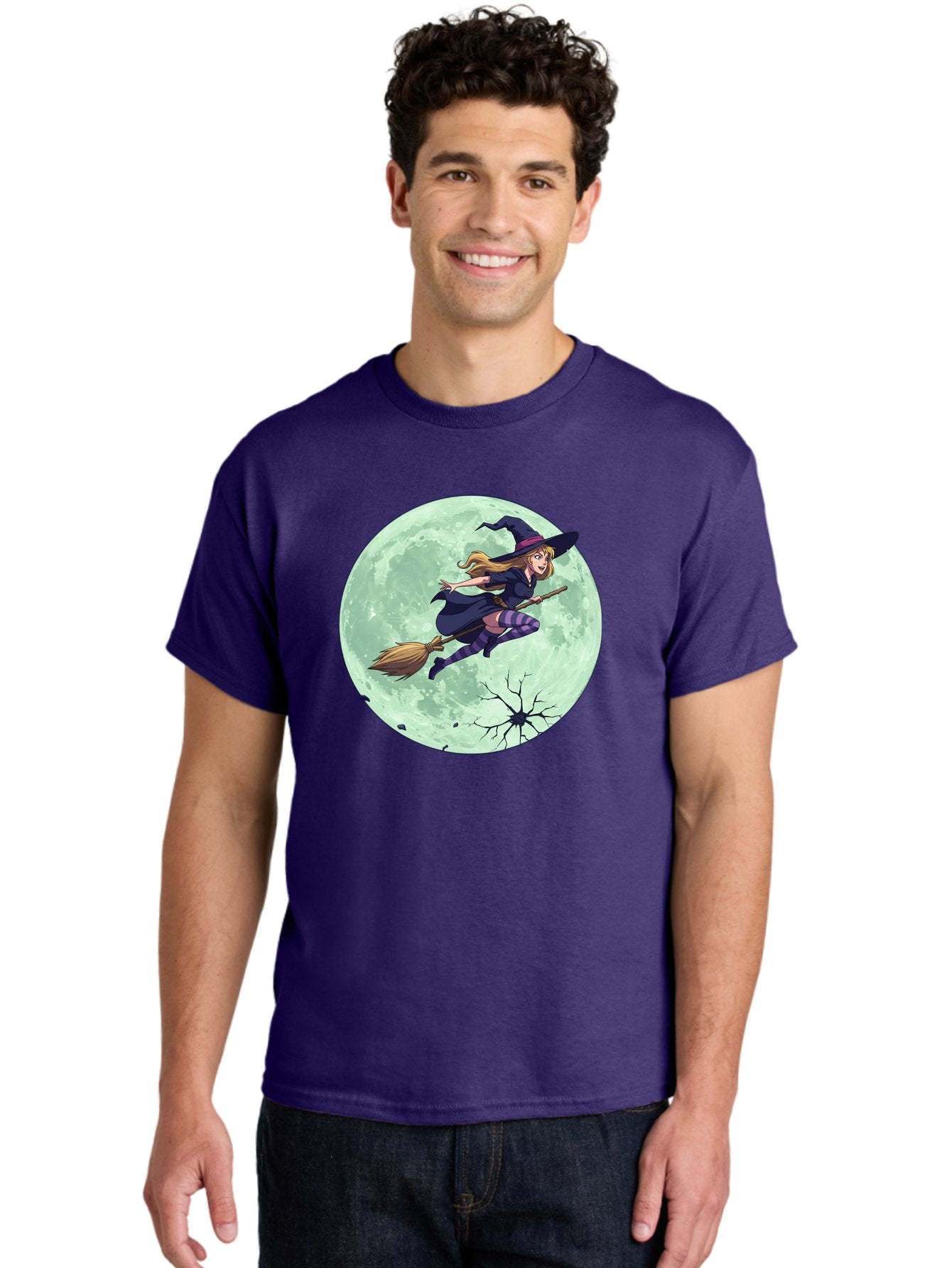 Witch-Flying-Broomstick Men'S Graphic Tee, 100% Cotton, Comfortable Casual Summer Wear, Machine Washable, Witch Flying On Broomstick, Full Moon, Halloween Magic, Fantasy Illustration, Mystical Night, Supernatural Creatures, Cartoon Style Bad919 17