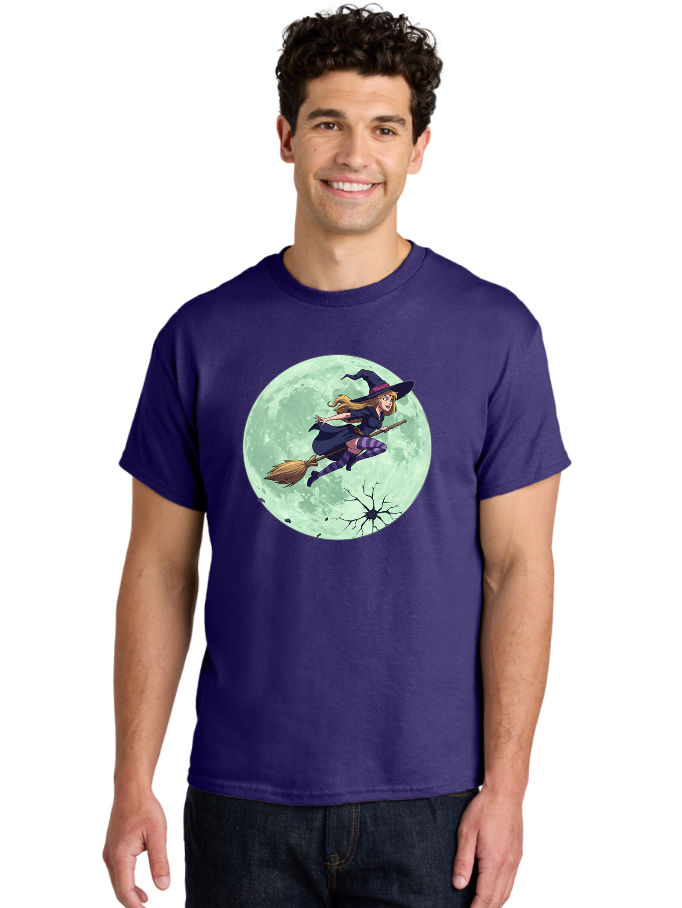 Witch-Flying-Broomstick Men'S Graphic Tee, 100% Cotton, Comfortable Casual Summer Wear, Machine Washable, Witch Flying On Broomstick, Full Moon, Halloween Magic, Fantasy Illustration, Mystical Night, Supernatural Creatures, Cartoon Style Bad919 29