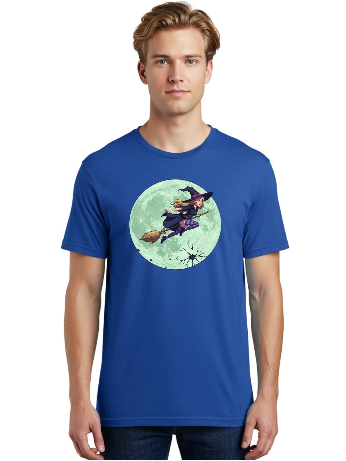 Witch-Flying-Broomstick Men'S Graphic Tee, 100% Cotton, Comfortable Casual Summer Wear, Machine Washable, Witch Flying On Broomstick, Full Moon, Halloween Magic, Fantasy Illustration, Mystical Night, Supernatural Creatures, Cartoon Style Bad919 23