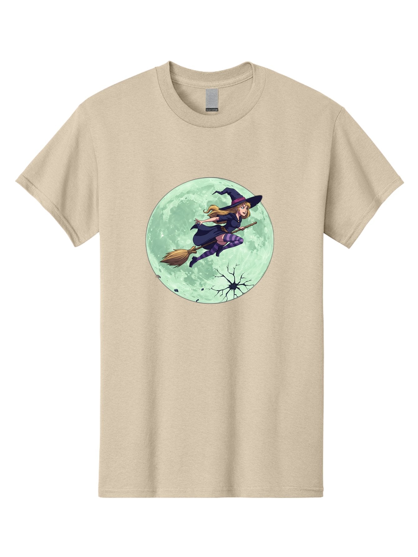 Witch-Flying-Broomstick Men'S Graphic Tee, 100% Cotton, Comfortable Casual Summer Wear, Machine Washable, Witch Flying On Broomstick, Full Moon, Halloween Magic, Fantasy Illustration, Mystical Night, Supernatural Creatures, Cartoon Style Bad919
