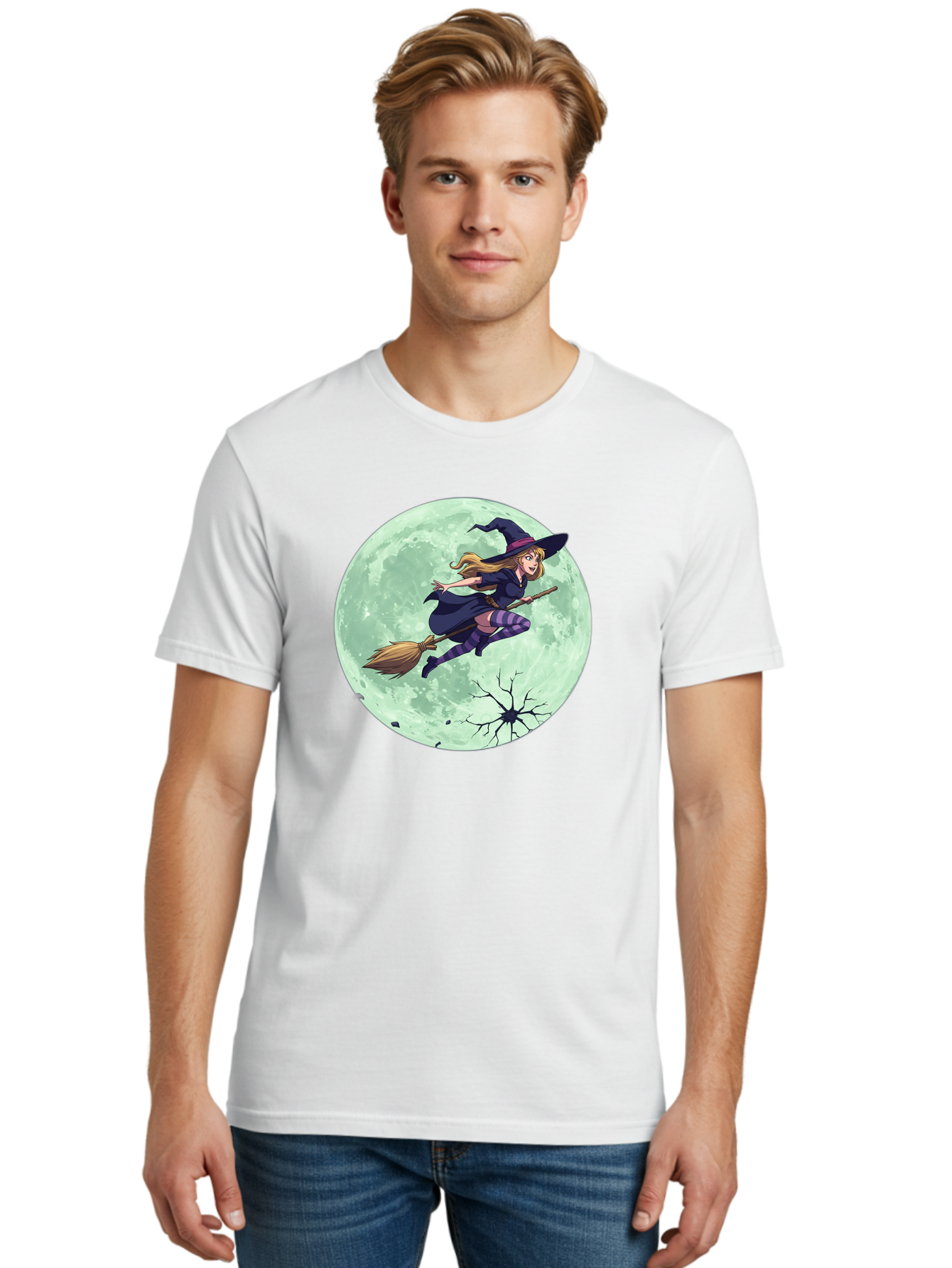 Witch-Flying-Broomstick Men'S Graphic Tee, 100% Cotton, Comfortable Casual Summer Wear, Machine Washable, Witch Flying On Broomstick, Full Moon, Halloween Magic, Fantasy Illustration, Mystical Night, Supernatural Creatures, Cartoon Style Bad919 17